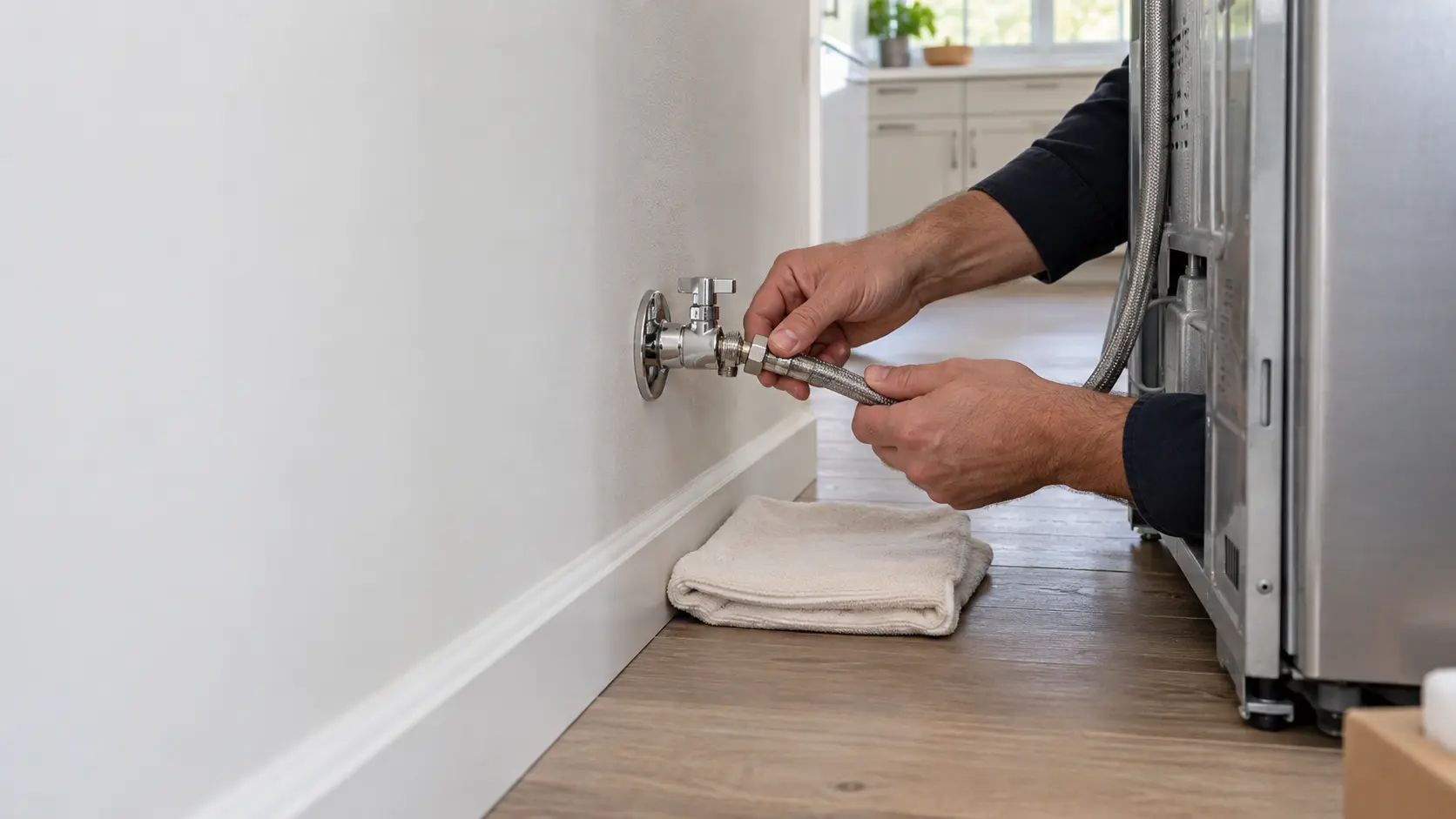 Close view inside the space behind a new refrigerator pulled out from its opening, a technician's hands seen from the wrists down threading a new braided stainless supply line onto a chrome quarter-turn stop valve on the wall, a folded dry towel on the floor under the valve, soft daylight from the kitchen.