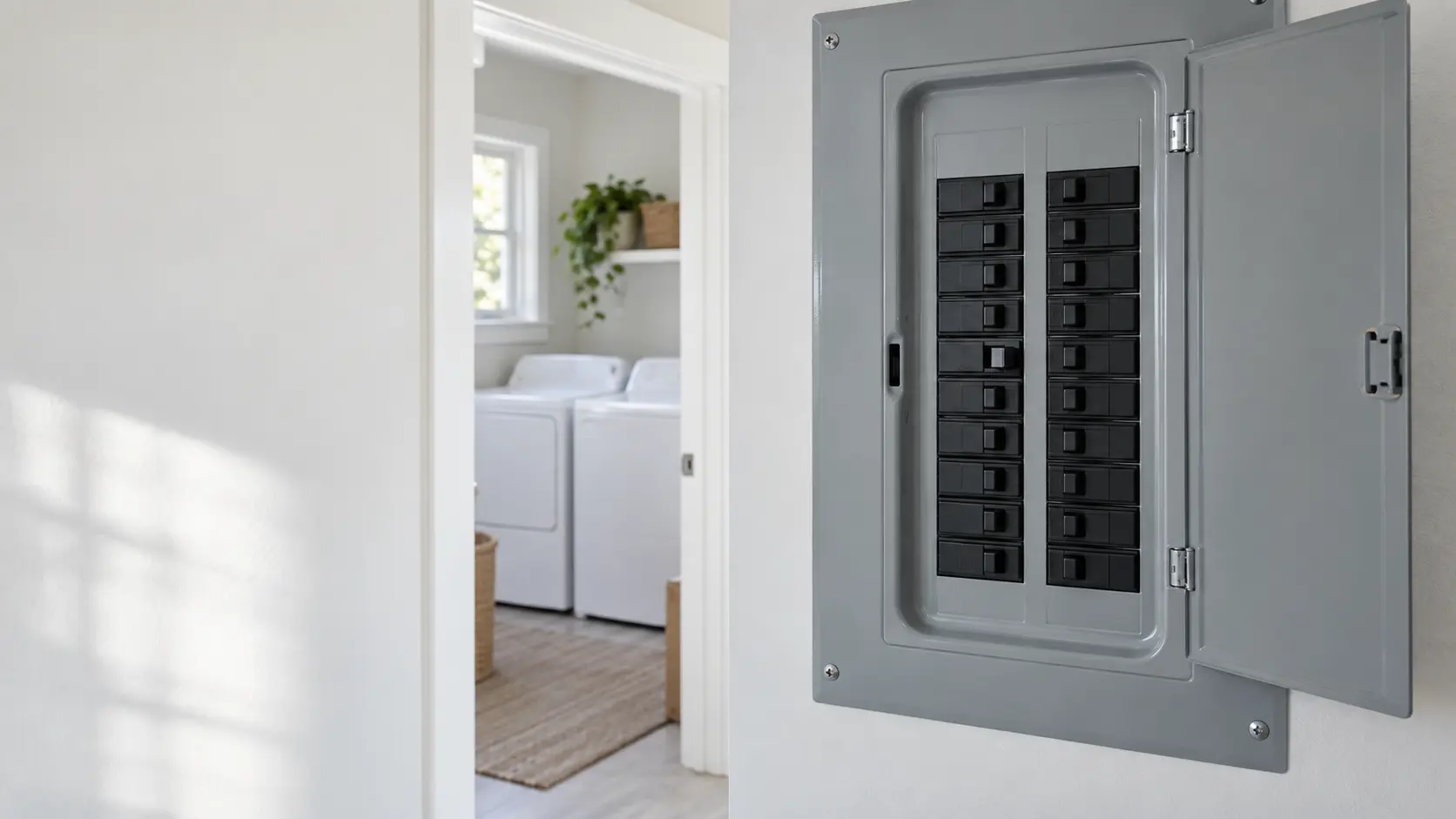A gray residential breaker panel on a clean utility room wall with its door open, one breaker handle in the tripped middle position among a row of others, a new white laundry pair visible through the doorway beyond, soft daylight, seen close and level.