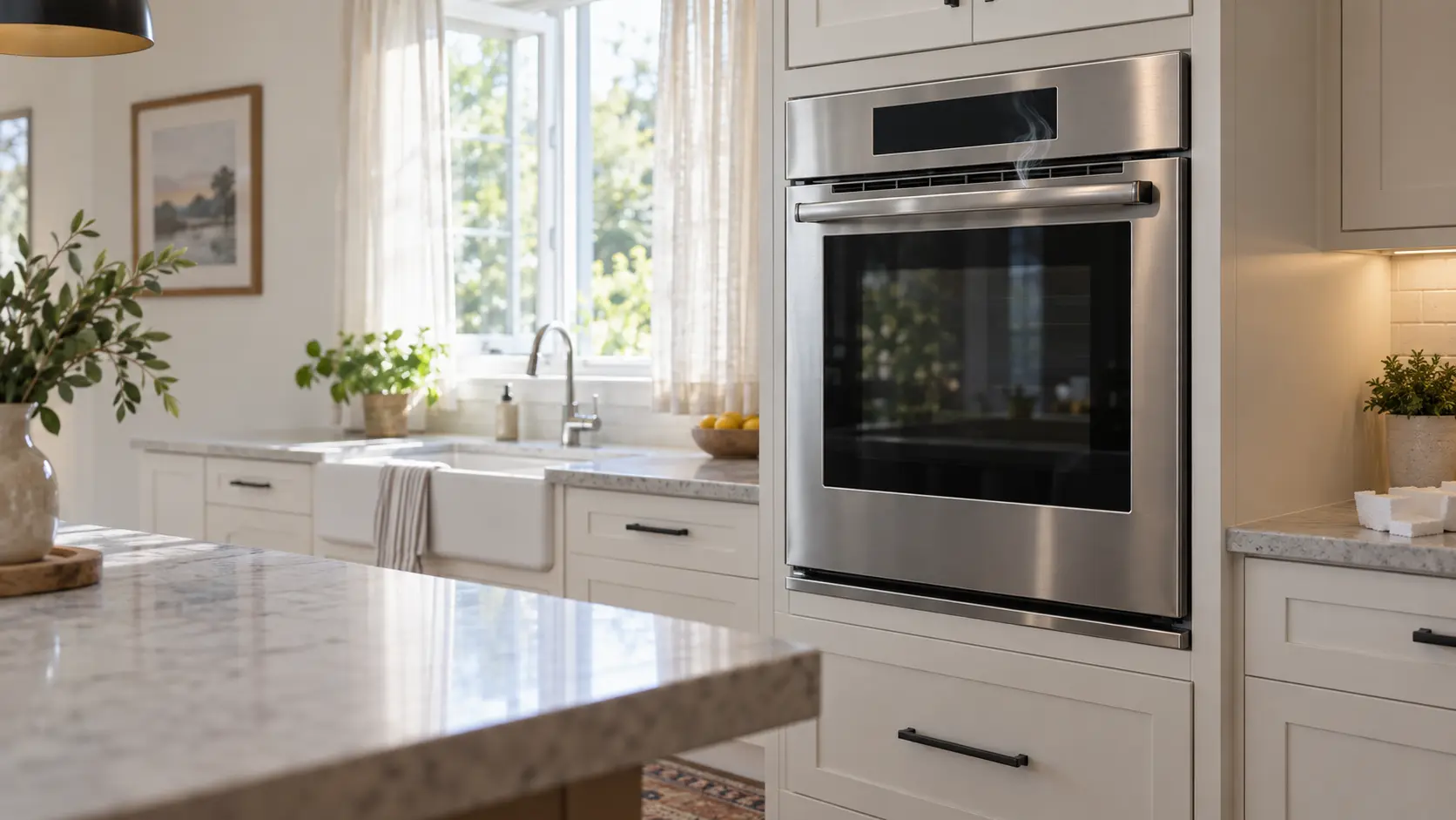 A home kitchen with a newly installed stainless wall oven, its door closed and its display dark, a thin wisp of pale smoke hanging near the top vent of the oven trim, a torn corner of packing foam lying on the counter beside it, an open window behind with light curtains, seen from across the room.