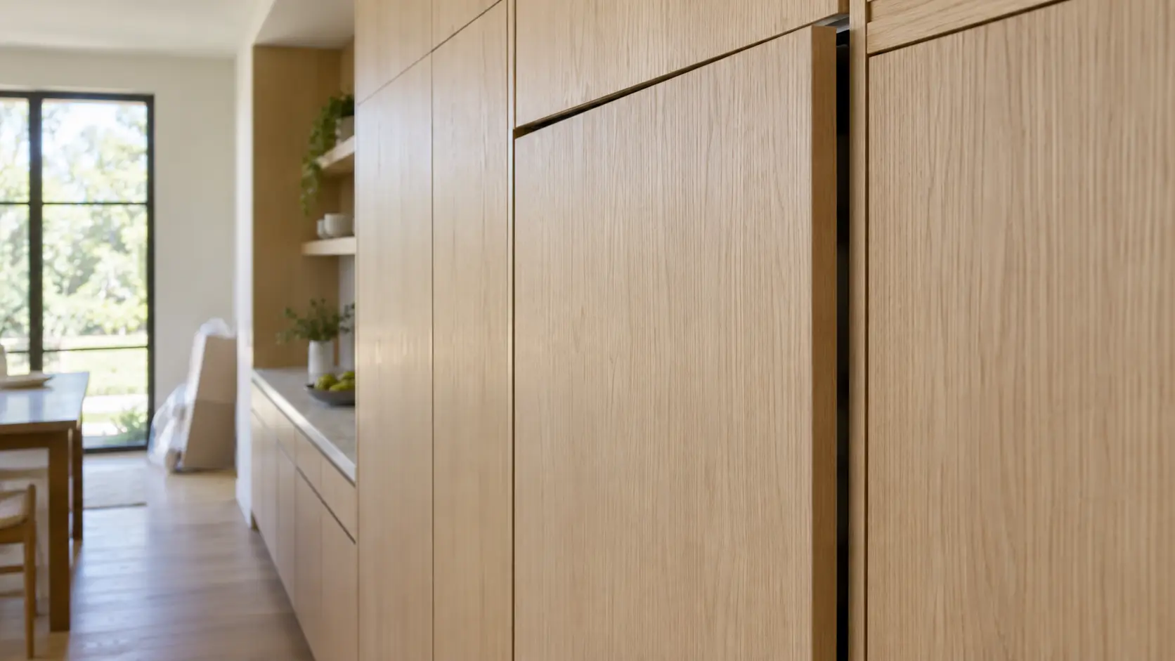 Close view along the front of a kitchen wall of light oak cabinetry with a newly installed panel-ready column refrigerator, its wooden door panel standing a finger's width proud of the cabinet door beside it at the handle side, the uneven shadow line clear, soft side daylight.