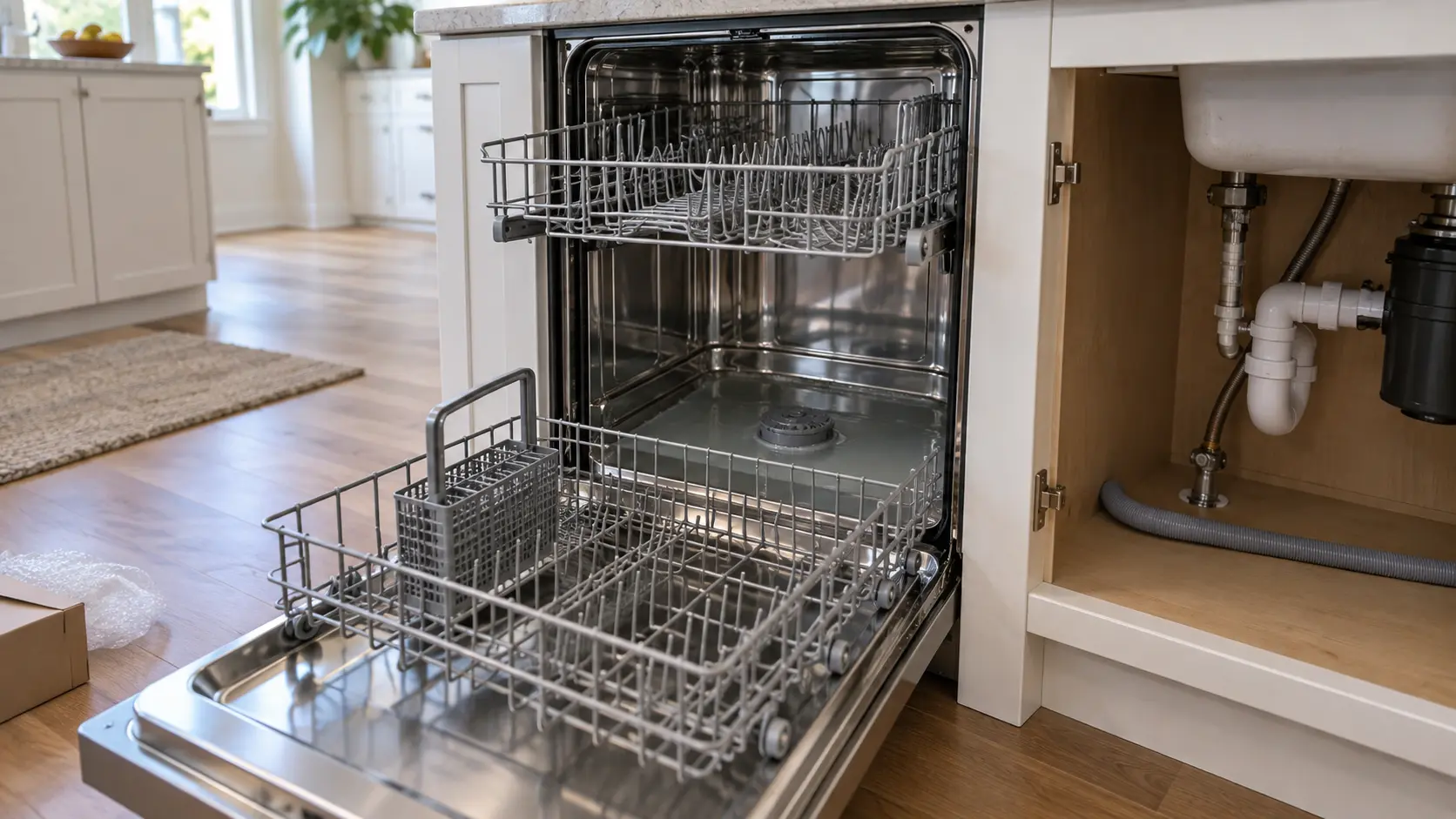 Close view into the open tub of a newly installed dishwasher under a stone counter, its racks pulled out, a layer of cloudy standing water covering the filter at the bottom of the tub, the open sink cabinet beside it showing a gray drain hose lying flat along the cabinet floor instead of rising in a loop, soft daylight.