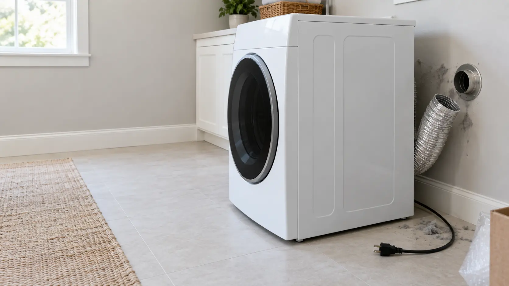 A home laundry room seen from the side, a new front-loading dryer standing still with its door closed and its display dark, a silver metal transition duct hanging loose and disconnected from the round wall collar behind it, a little gray lint scattered on the floor and the wall behind the machine, the power cord unplugged and lying on the floor.