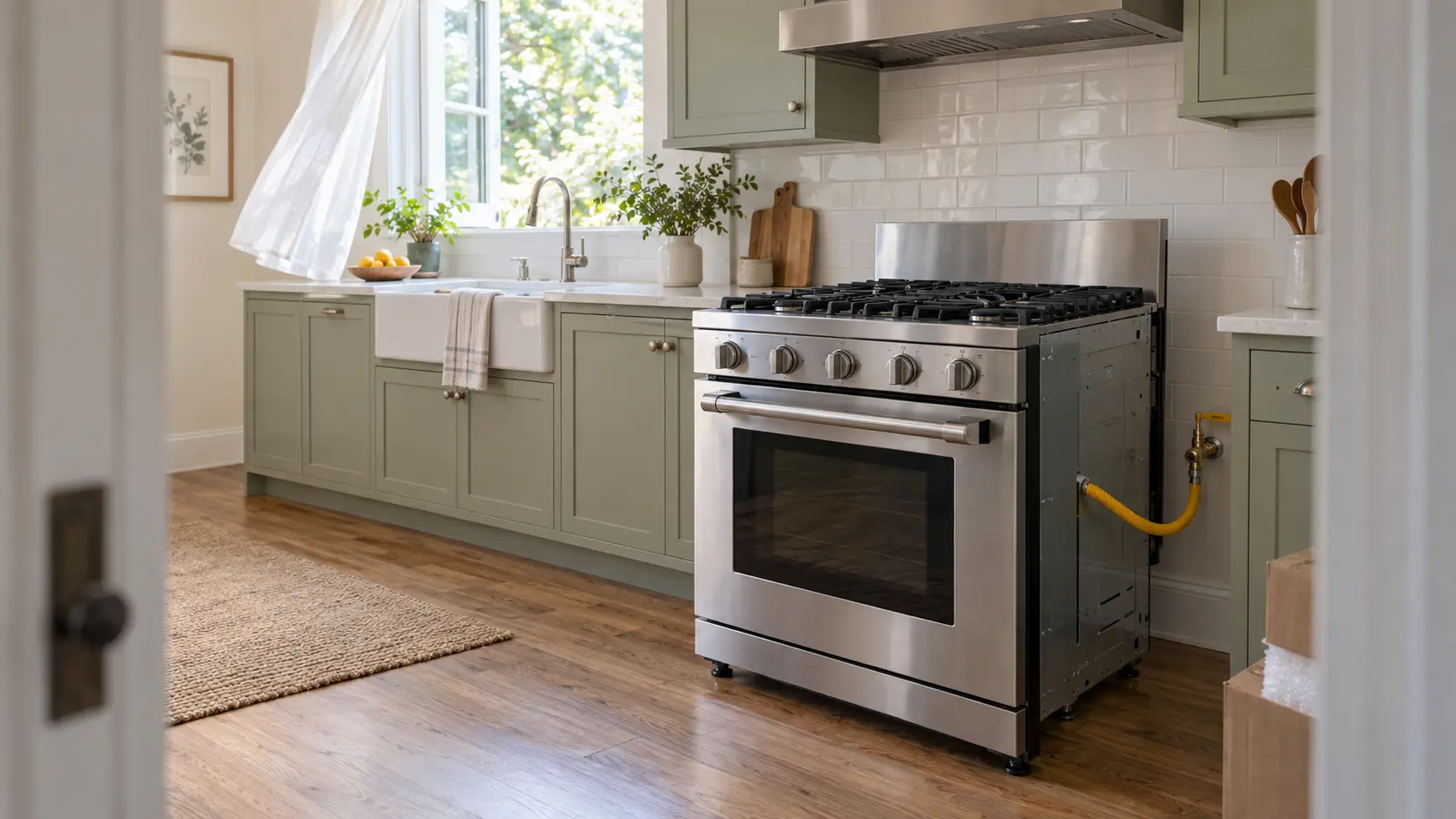 A quiet home kitchen with a newly installed stainless gas range pulled slightly out from the wall, every burner off and its knobs at the off position, the new yellow-coated flexible gas connector visible behind it running to a wall valve, a kitchen window standing open with the curtain moving, seen from the doorway.
