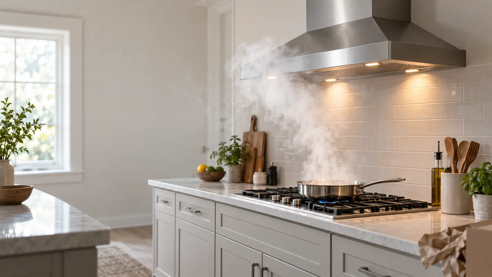 A home kitchen with a newly installed stainless wall chimney hood above a cooking surface, a pan on a front burner with a column of white steam rolling forward past the front edge of the hood and into the room, the hood's lights on, soft daylight from a side window.