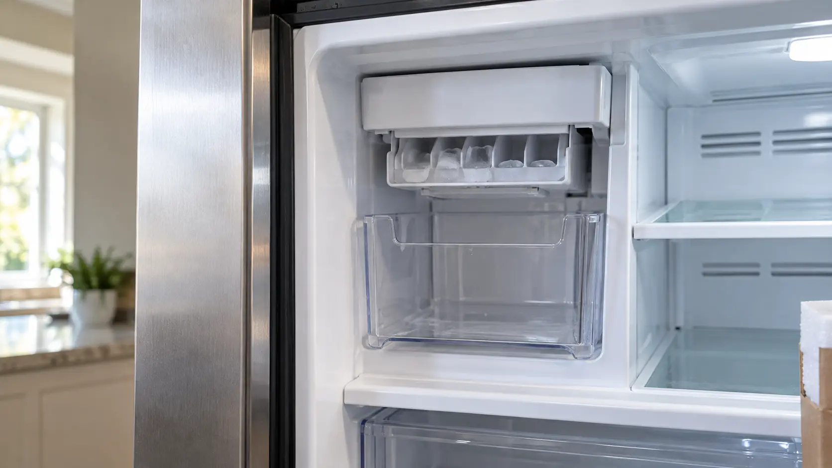 Close view inside the open freezer compartment of a new stainless refrigerator, an empty clear plastic ice bin under a small ice maker with a few thin half-formed cubes in its tray, the freezer shelves clean and nearly empty, soft interior light.