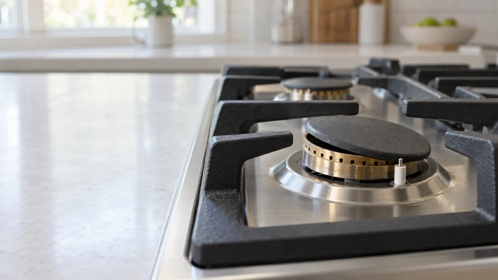 Close view of the burner of a newly installed stainless gas cooking surface, one round burner cap sitting visibly crooked on its brass head with a gap on one side, the white ceramic igniter tip beside it, cast iron grates around it, every burner off, soft daylight.