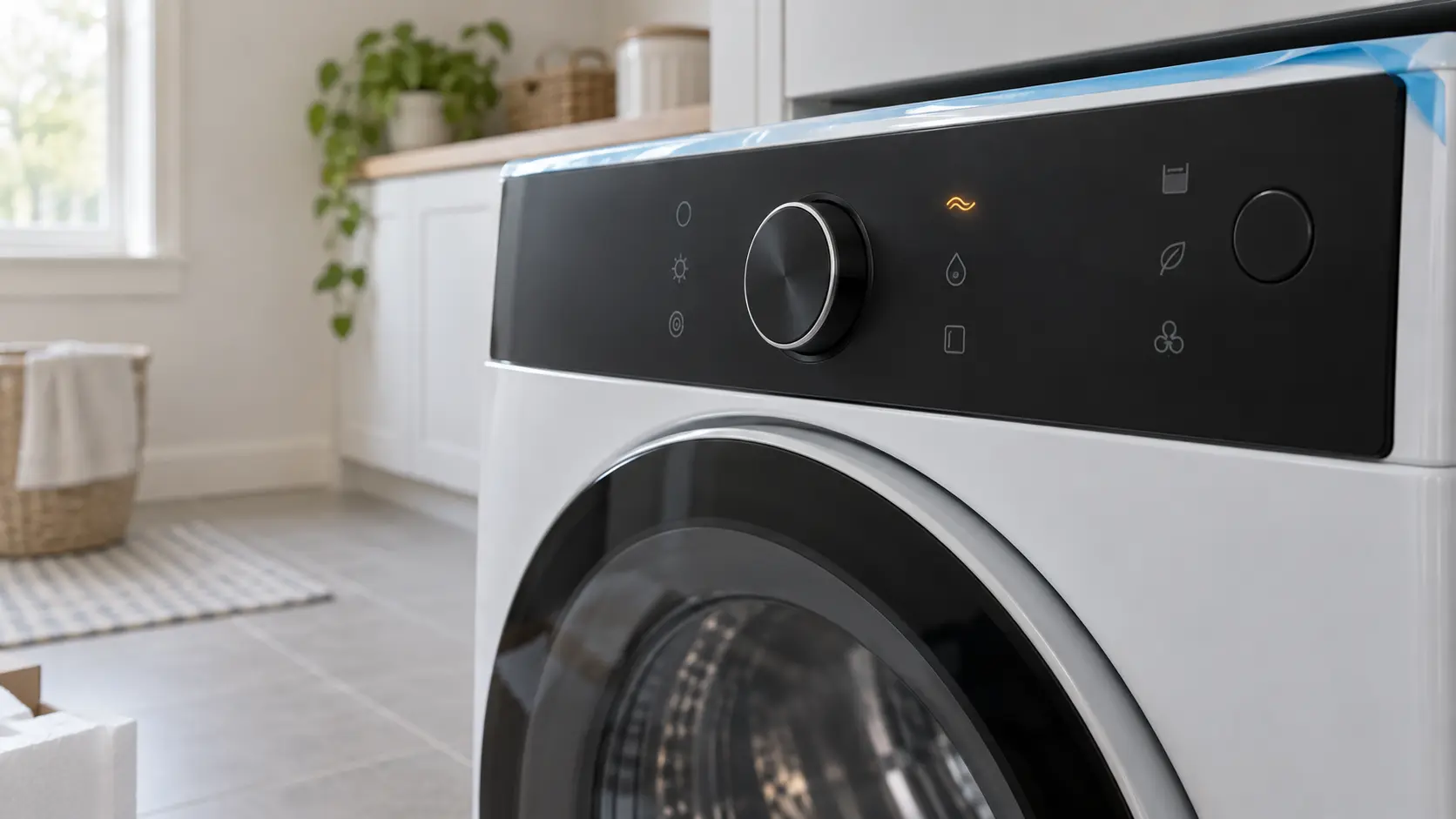 Close view of the dark control panel of a newly installed white front-loading laundry machine, one abstract wave-shaped symbol glowing amber among unlit icons, a strip of protective blue film still on the edge of the panel, the door glass blurred below, soft daylight.