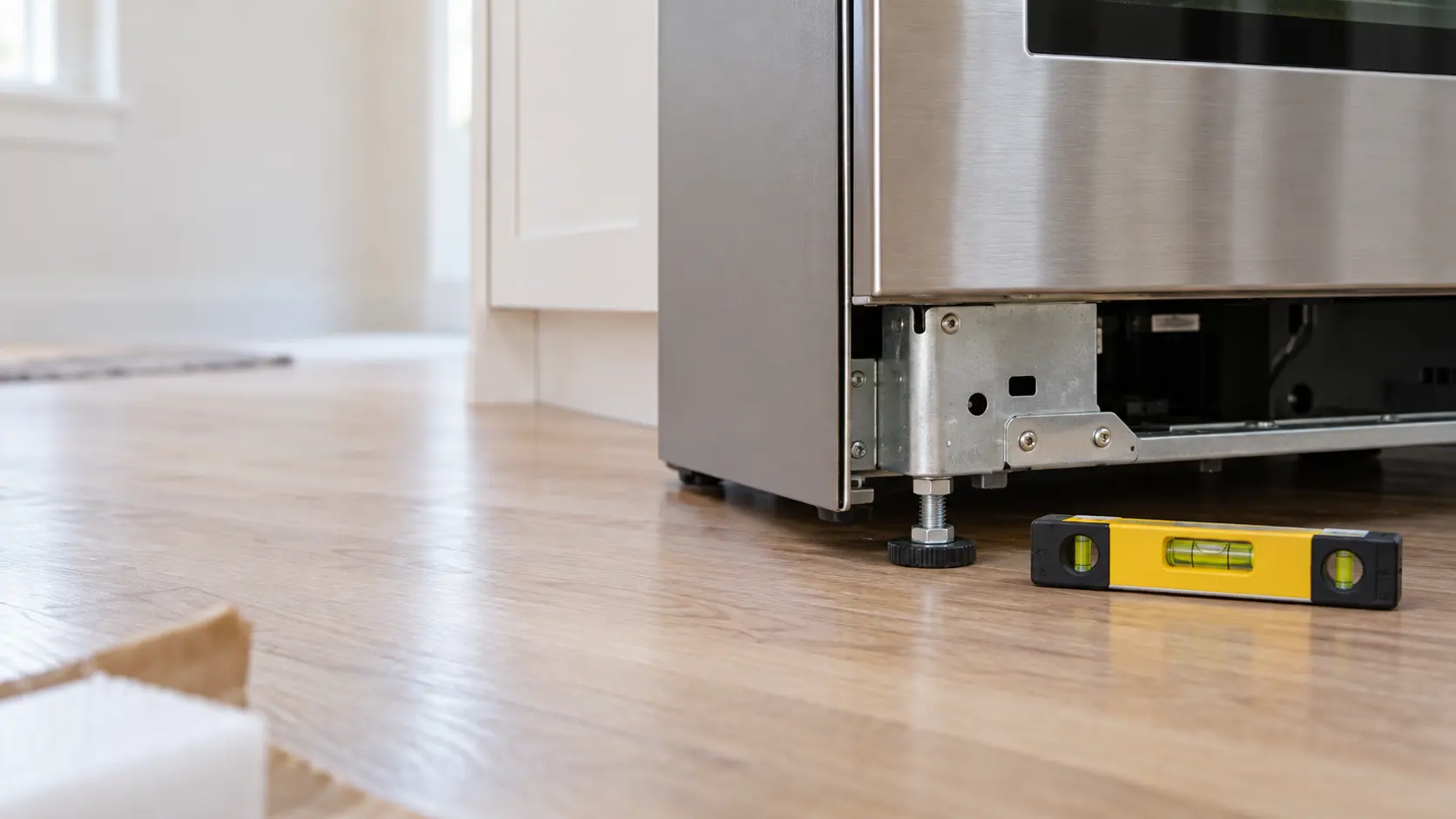 Close view at the bottom corner of a newly installed stainless freestanding range, the kick drawer removed, one threaded leveling leg visible turned partway out, a small spirit level lying on the floor beside it with its bubble off center, a strip of light wood floor and the edge of a cabinet, soft daylight.
