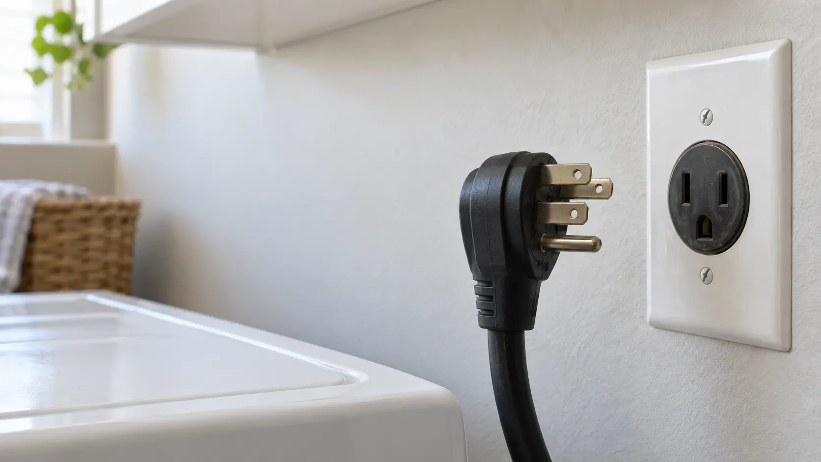 Close view at the wall behind a laundry space, a heavy black four-prong appliance cord plug held a few inches away from an older three-slot wall receptacle, the mismatch between prongs and slots clear, a strip of painted drywall and the top of a white dryer edge in soft focus.