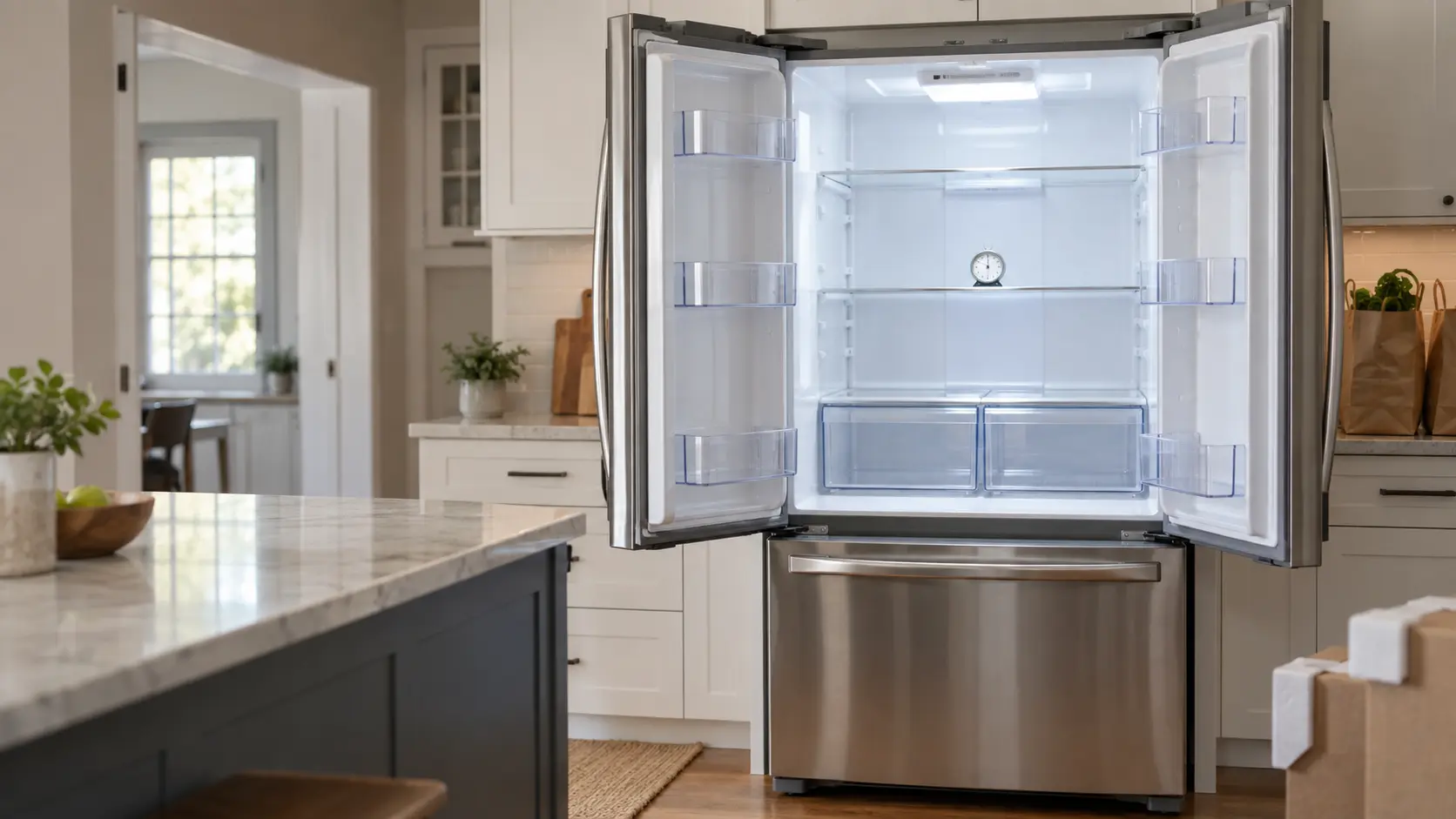 A kitchen with a newly installed stainless French door refrigerator standing open and empty, bright interior light on clean glass shelves, a simple dial thermometer on the middle shelf, grocery bags waiting on the counter nearby, cardboard corner guards at the edge of the frame, soft daylight.