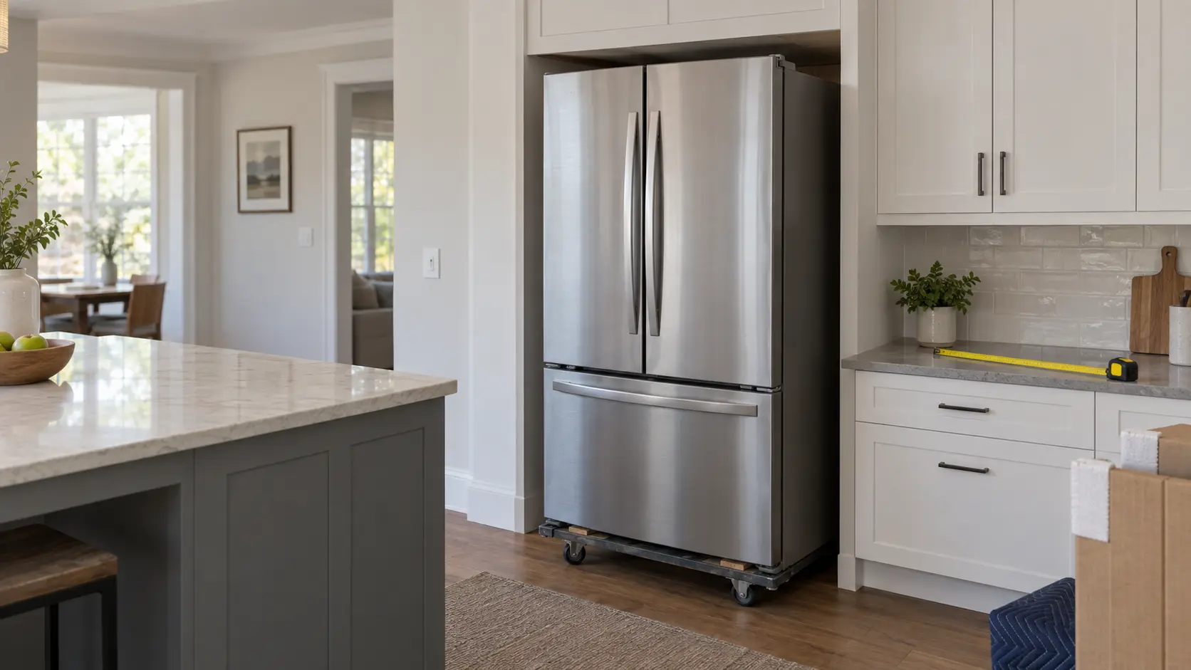 A kitchen with a new stainless French door refrigerator still on its low appliance dolly, stopped halfway into a cabinet opening whose top edge is visibly too low for it, a yellow tape measure lying extended along the counter beside it, cardboard corner guards at the edge of the frame, even daylight.