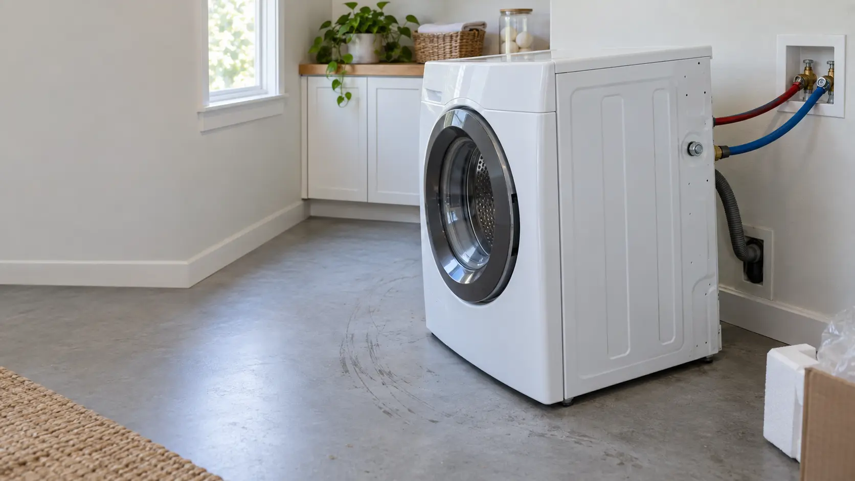 A home laundry room with a new white front-loading washer standing crooked a few inches out from its original spot, its fill hoses stretched taut behind it and scuff marks on the gray floor showing where it moved, one shipping bolt still visible in the back panel, soft daylight.