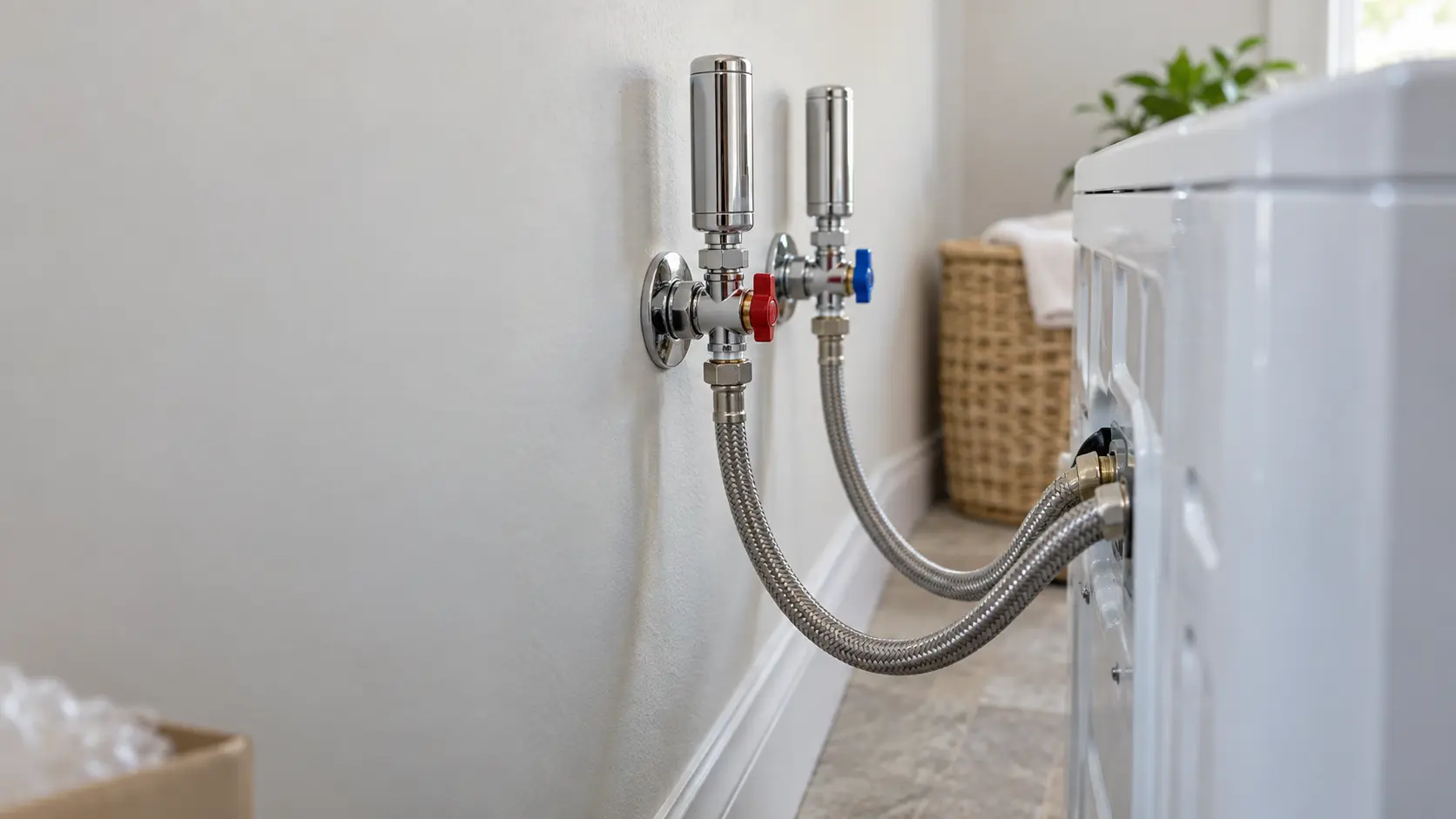 Close view behind a new white front-loading laundry machine, two chrome water hammer arrestors fitted on the hot and cold wall valves above braided stainless fill hoses that hang in a gentle loop, a painted wall and the top edge of the machine in soft focus, soft daylight.