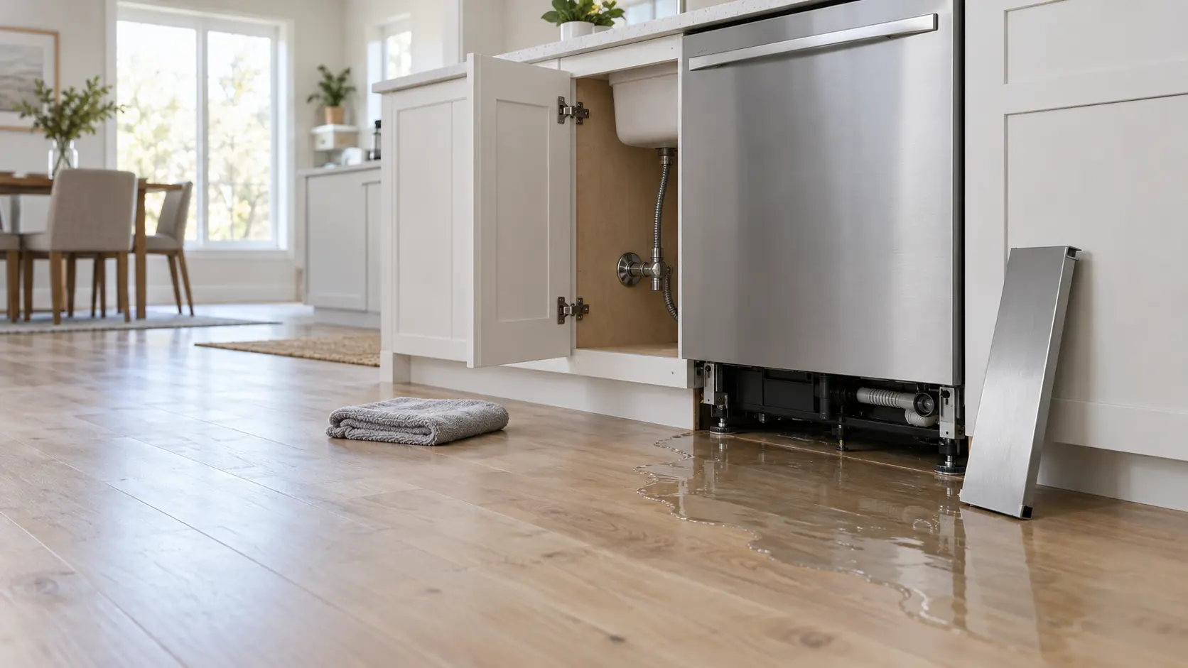A kitchen floor in front of a newly installed dishwasher, its kick plate removed and leaning against the cabinet, a small spreading pool of clear water on light wood flooring below the open toe space, a folded dry towel lying nearby untouched, the sink cabinet door open beside it with a chrome stop valve visible, seen low from across the room.