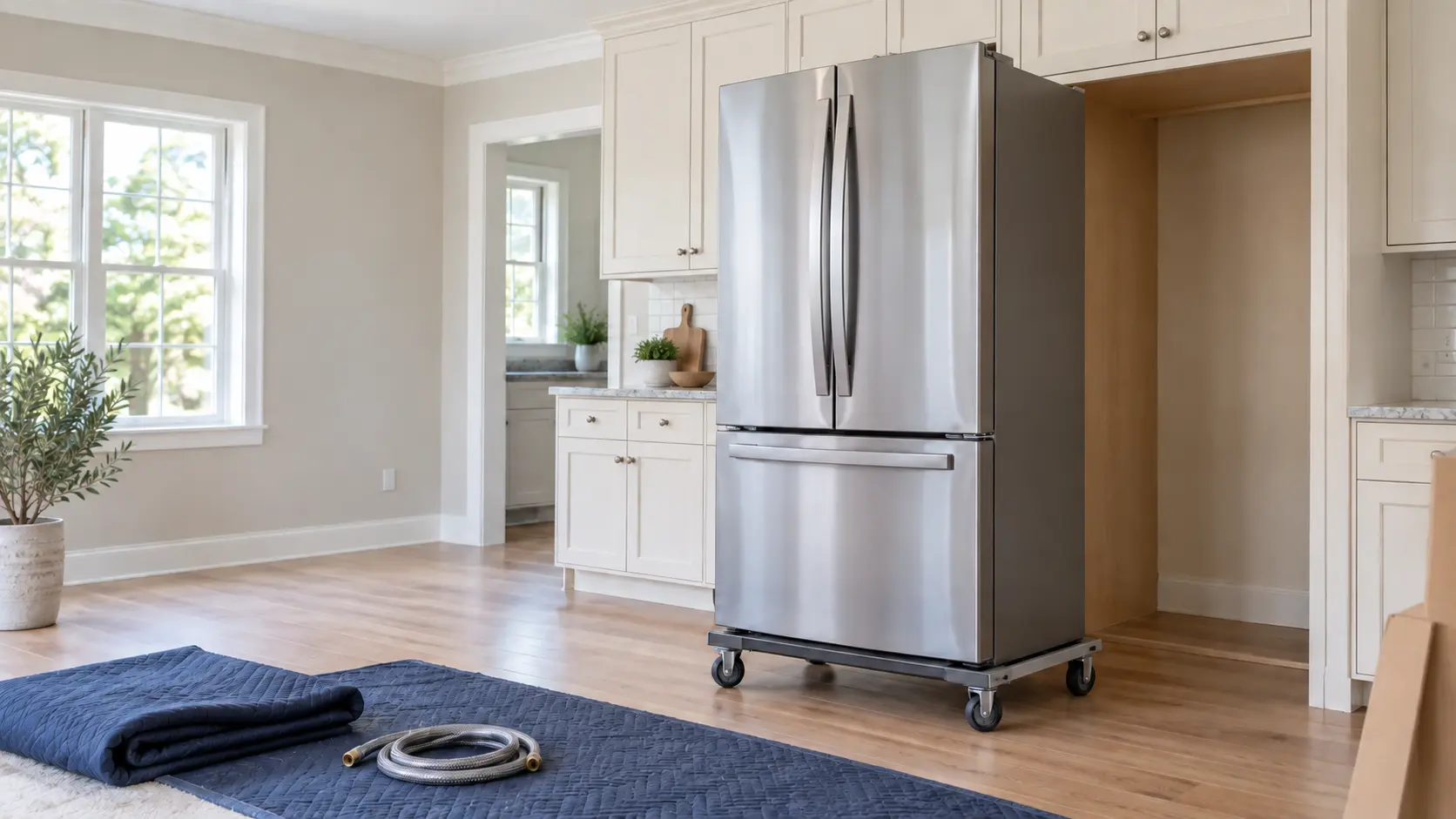 A bright kitchen during an installation, a new stainless French door refrigerator on a low four-wheel appliance dolly being eased toward an empty cabinet opening, a technician seen from behind and shoulders down guiding it with one hand on the side of the cabinet, a folded moving blanket and a coil of new braided water line on a protective floor runner, cardboard corner guards at the edge of the frame, even daylight.