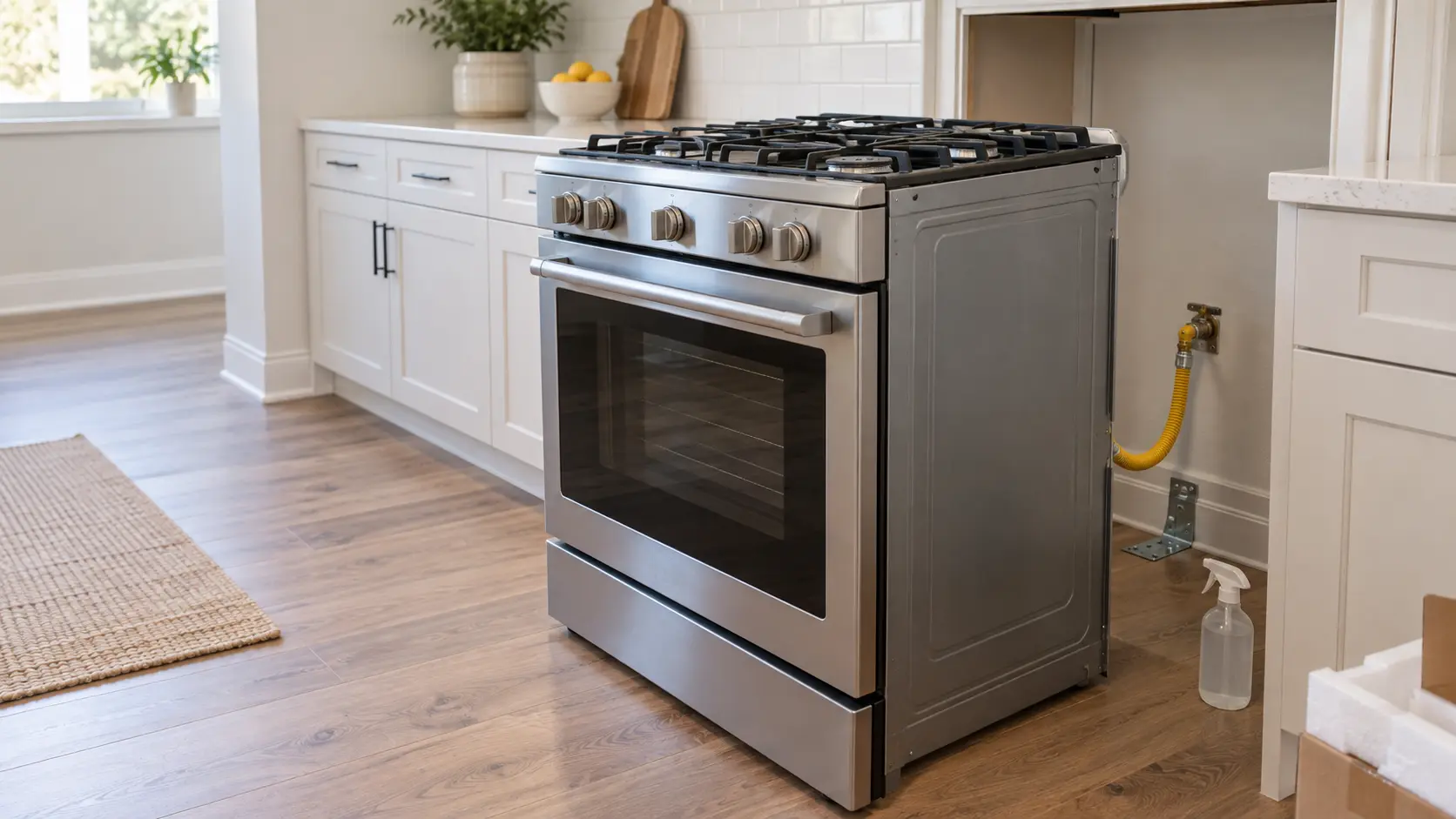 A home kitchen mid-installation, a new stainless freestanding gas range pulled a foot out from its opening, a technician seen from the shoulders down kneeling beside it and tightening a new yellow-coated flexible gas connector to a wall shutoff valve with a wrench, a small spray bottle of leak solution on the floor, the anti-tip bracket screwed to the floor at the back, every burner off, even daylight.