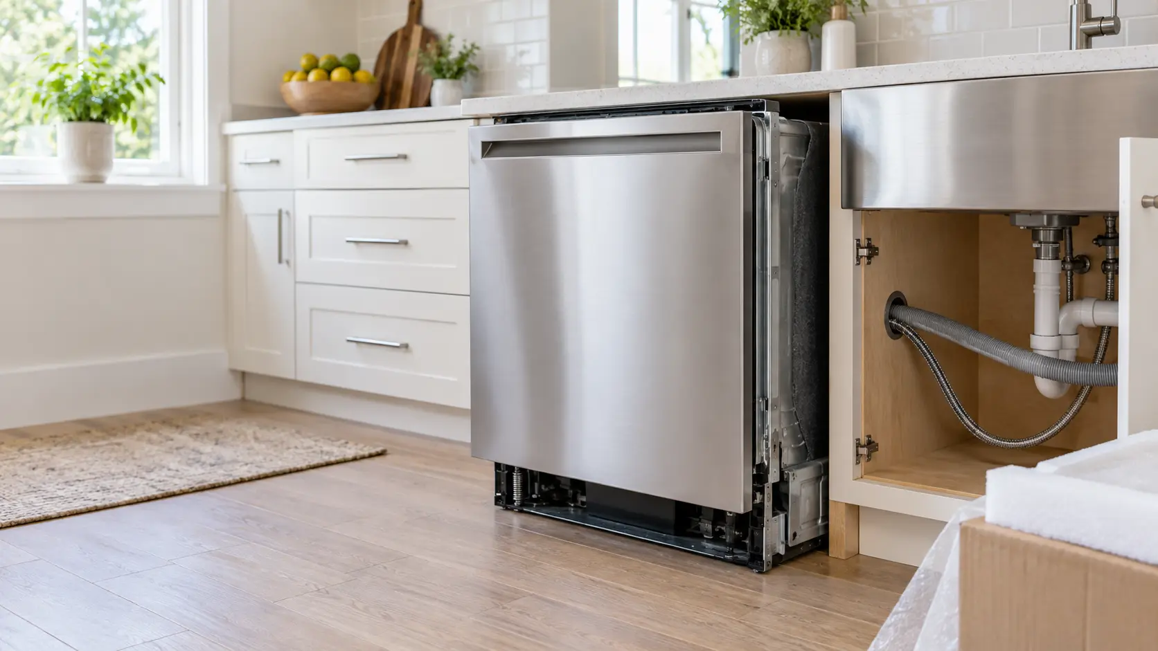 A kitchen during an installation, a new stainless built-in dishwasher halfway slid into its opening under a stone counter, its kick plate removed, a technician seen from behind and shoulders down on one knee guiding a gray drain hose and a braided supply line through the hole in the side cabinet, the sink cabinet doors open beside him, a flashlight on the floor, even daylight.