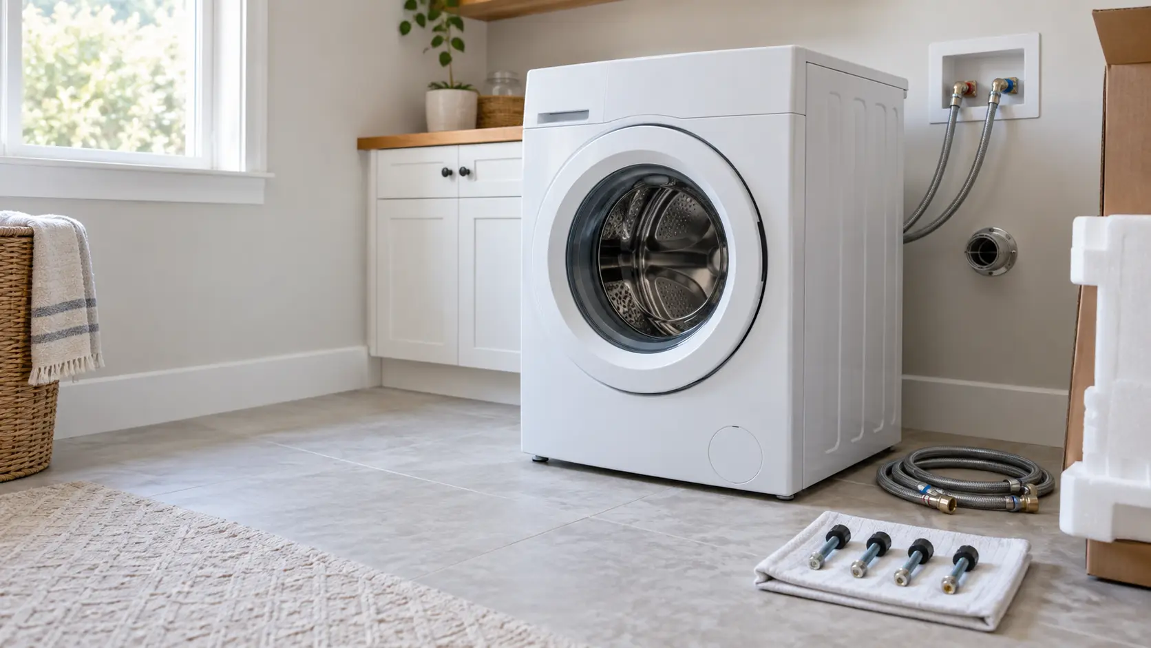 A tidy home laundry room during an installation, a new white front-loading washer standing a little away from the wall, a technician seen from behind and shoulders down holding a spirit level across its top, four removed shipping bolts lying in a row on a folded cloth on the floor, new braided fill hoses coiled beside the machine, a short rigid metal exhaust collar on the wall behind, even daylight.