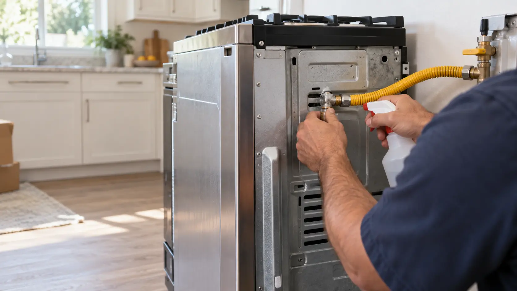 A technician in a plain navy work shirt checking a gas connector with a leak-test spray, face turned away.