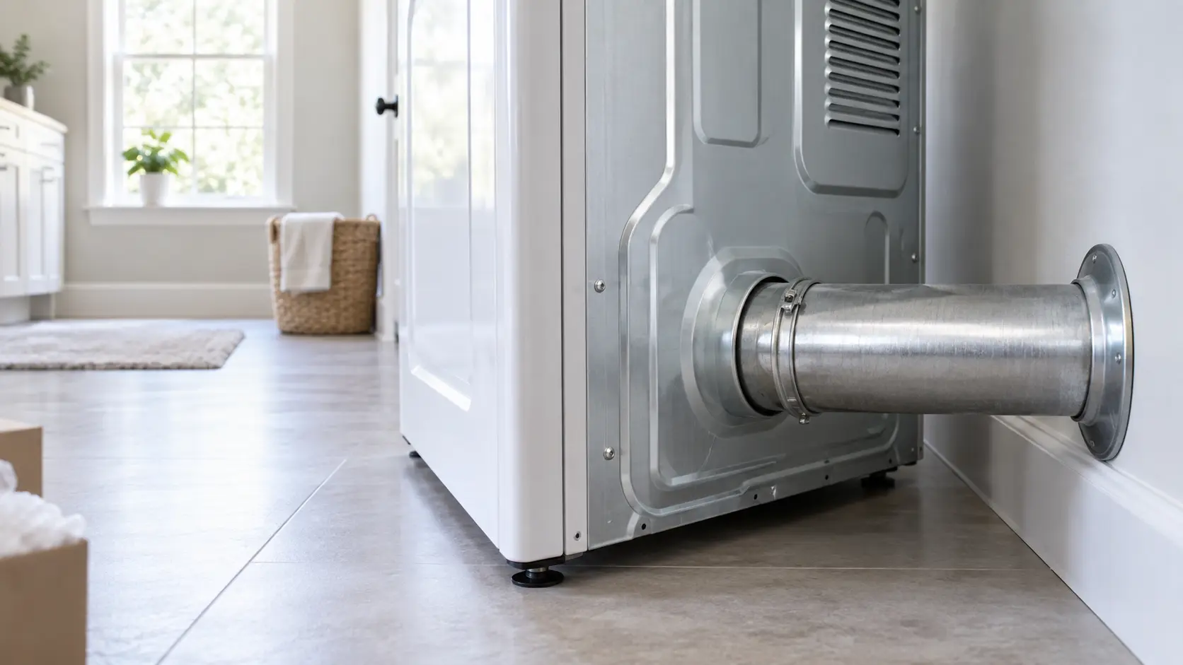 The back of a newly installed dryer pulled a little away from a laundry room wall, a short rigid metal exhaust duct joined to the dryer's outlet with a clamp and running straight to the wall, the floor behind swept clean, nobody in the frame.