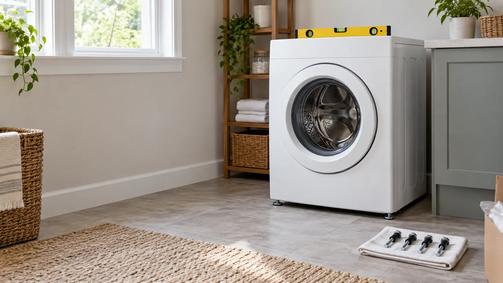 A spirit level lying across the top of a new front-load washer in a home laundry room, the washer's front leveling legs visible at floor level, four removed shipping bolts lying in a row on a folded cloth beside the washer, nobody in the frame.