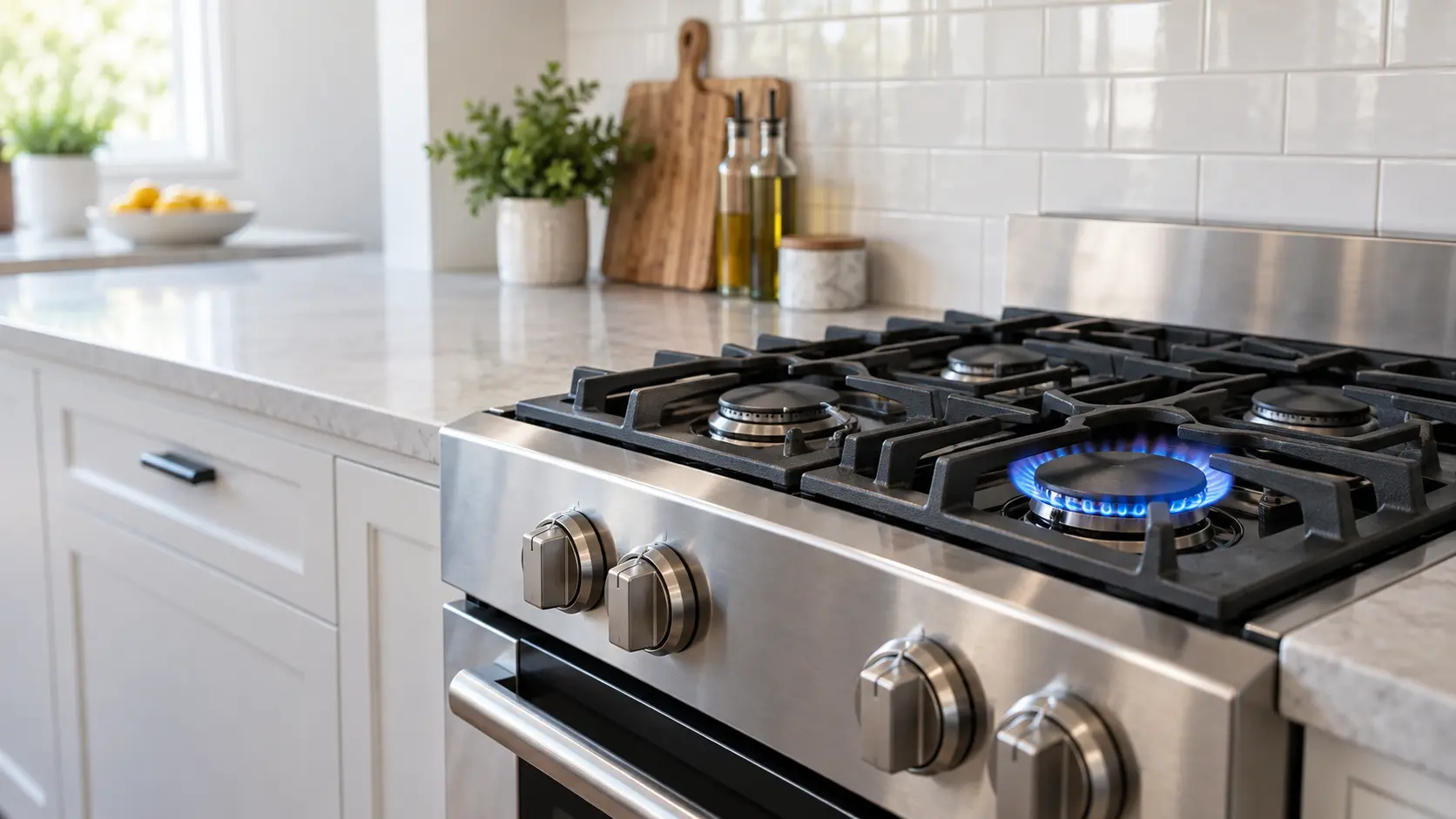 The front burners of a newly installed gas range in a home kitchen, one burner lit with an even blue flame and the others cold, the range's knobs and grates clean and new, nobody in the frame.