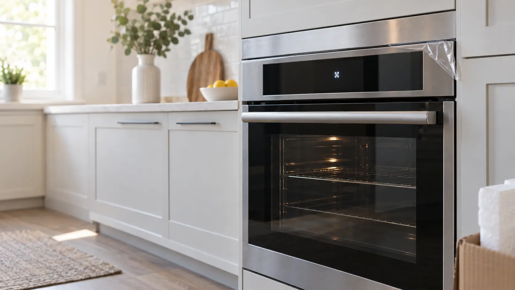 The lit control panel of a newly installed built-in oven in a bright home kitchen, a small symbol glowing on the display with no readable characters, the oven door closed, a strip of protective film still on the oven's trim, nobody in the frame.