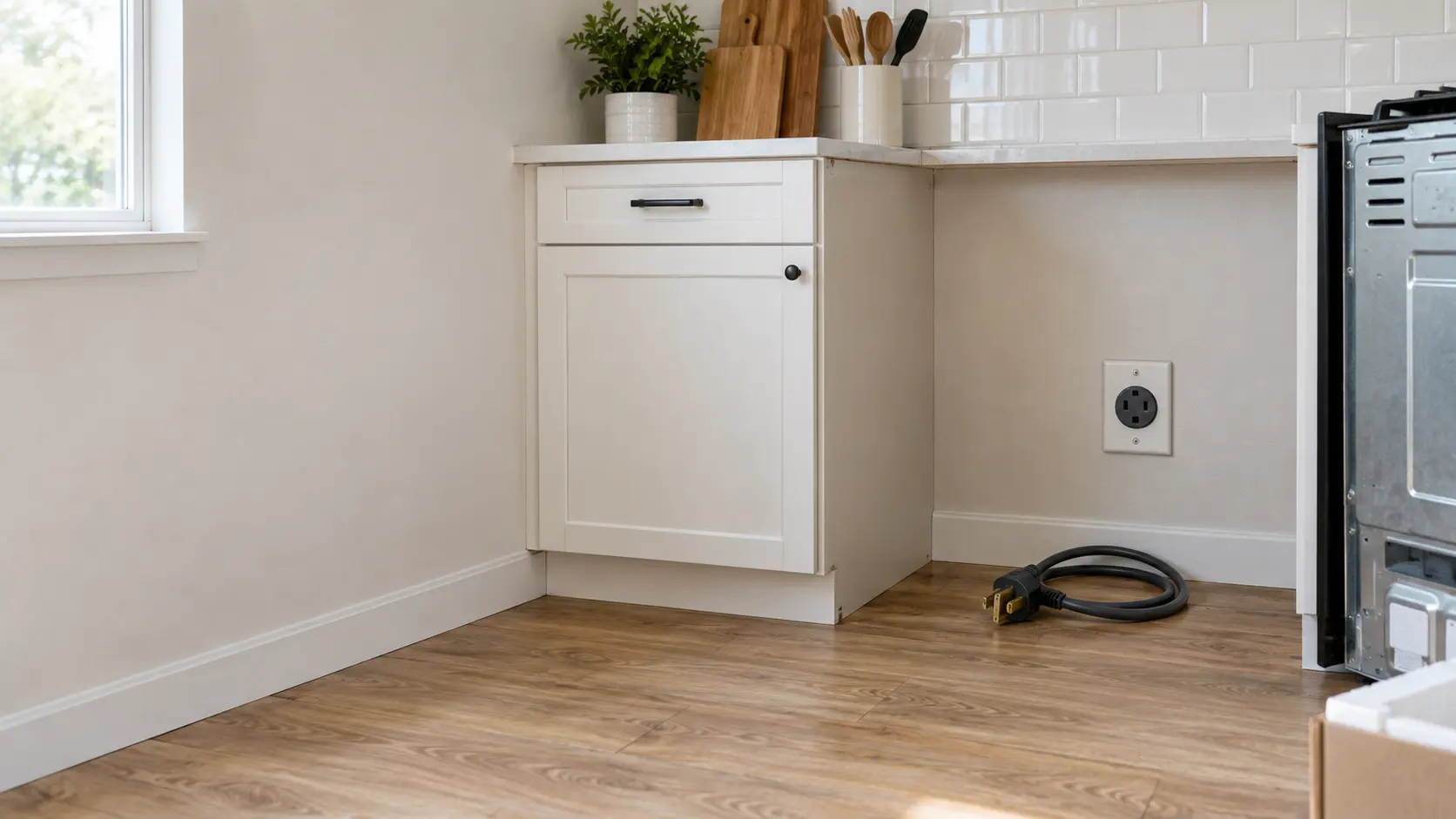 A heavy-duty wall outlet behind the space for a new electric range in a home kitchen, the range pulled out and its power cord coiled on the floor unplugged, the outlet's cover plate clean, nobody in the frame.
