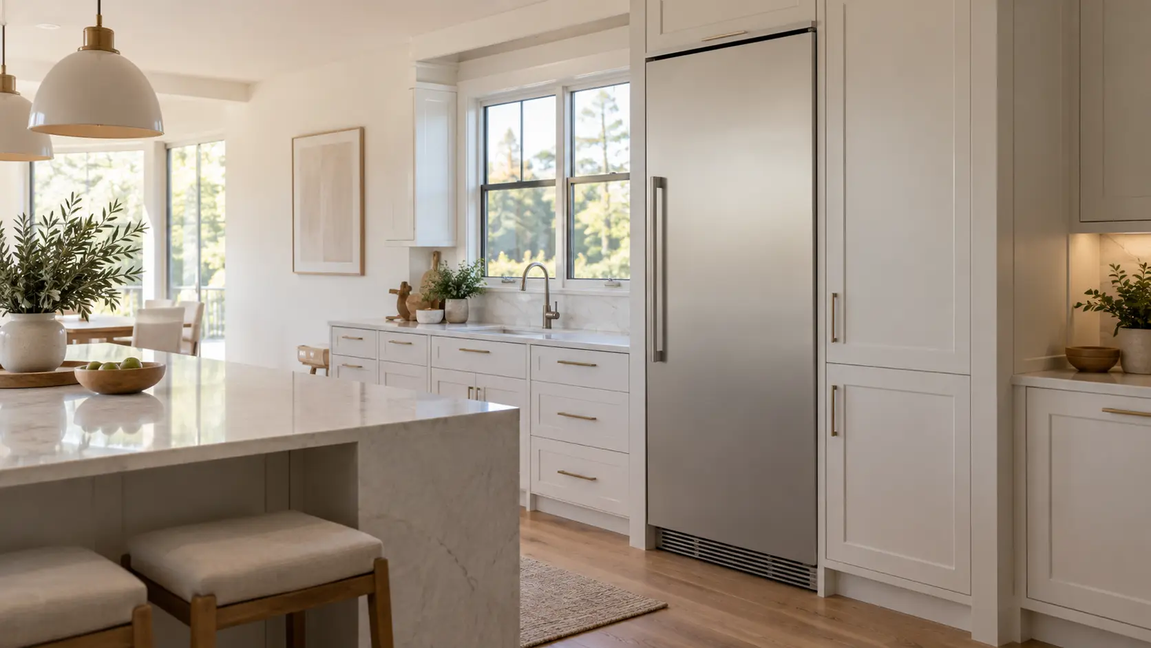 A new built-in column refrigerator installed flush in a run of kitchen cabinets, the column refrigerator's door closed and its toe grille in place, a small gap visible above the column under the cabinet, the shelves inside unseen, nobody in the frame.