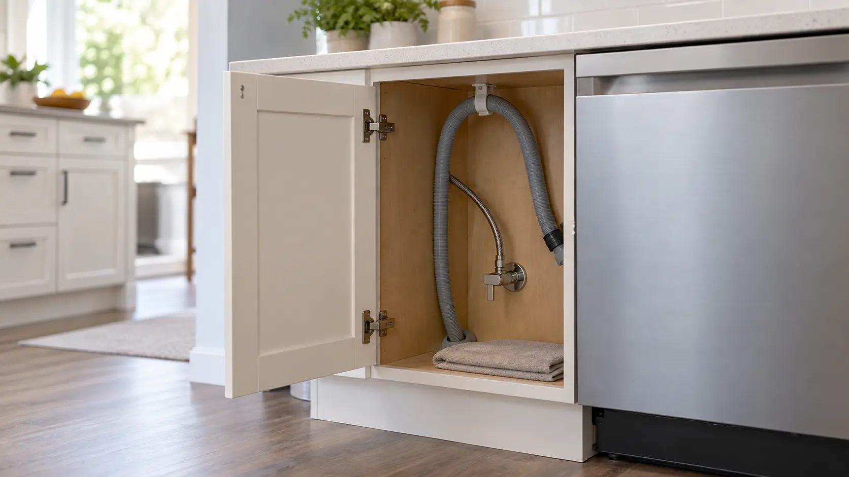 The open lower cabinet beside a new dishwasher in a home kitchen, the dishwasher's drain hose rising in a high loop and clipped to the underside of the counter, a braided supply line running to a quarter-turn valve, a folded towel on the cabinet floor, nobody in the frame.