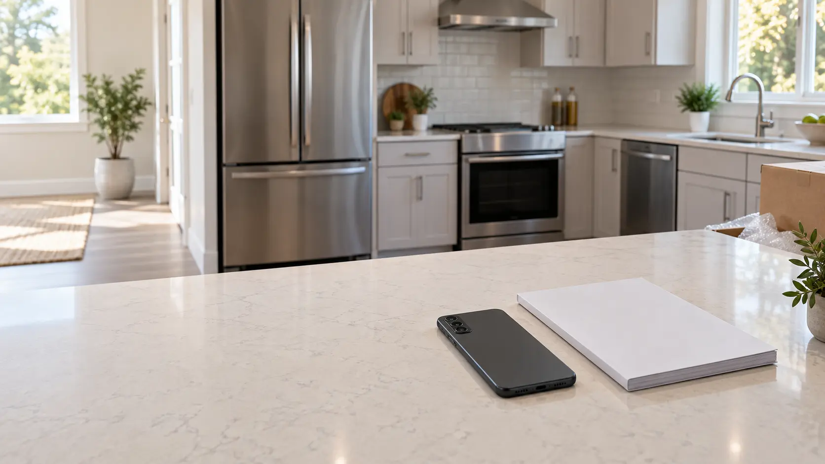 A phone lying face down on a kitchen counter beside an appliance manual.