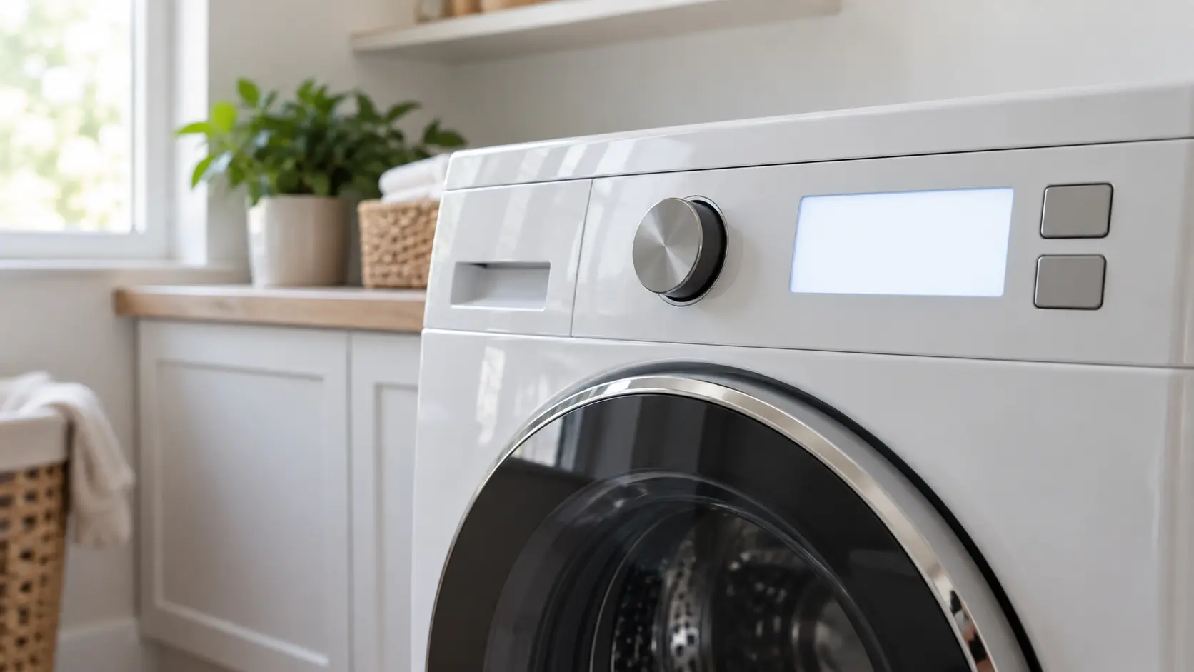 The control panel of a new washer lit for the first time, seen close.