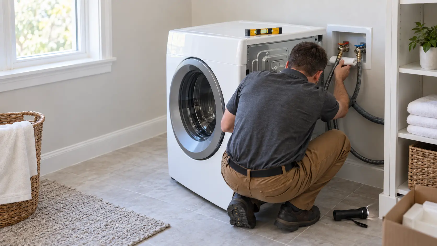 A laundry room in a US home a few weeks after installation, a technician crouching, seen from behind, laying a folded dry paper towel beneath the fill hose connection at the back of a front-loading washer, a small spirit level resting on the washer top, a flashlight on the floor, indoors, seasonless.