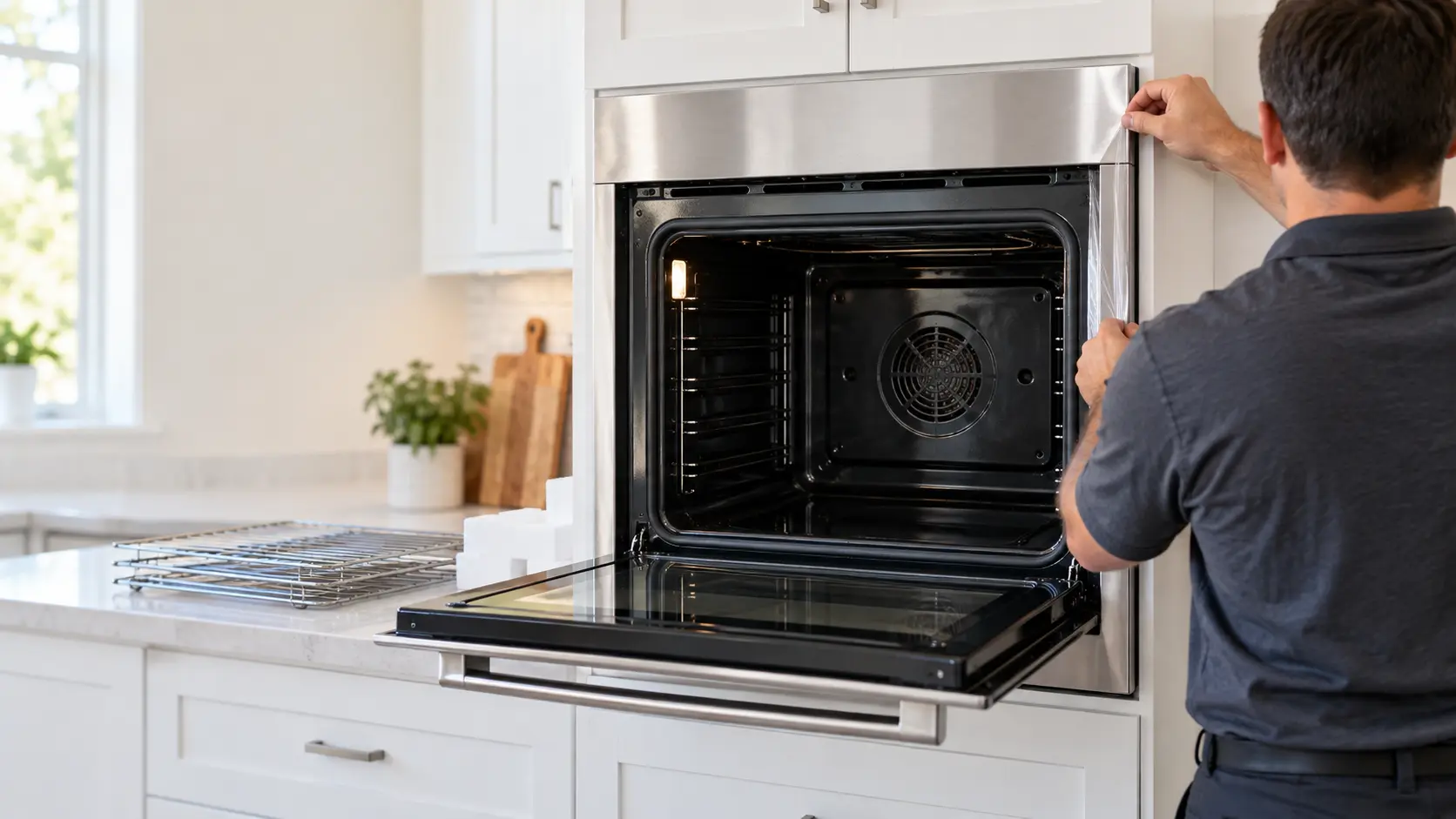 A newly installed wall oven in a US home kitchen with its door open and the cavity empty, a technician seen from behind peeling the last strip of protective film from the wall oven's stainless door frame, the oven racks set out on the counter, packing foam at the edge of the frame, indoors, seasonless.