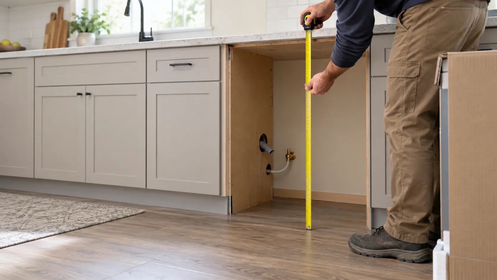 An empty dishwasher opening between two new base cabinets in a US home kitchen, a technician's hands, seen from the shoulders down, holding a tape measure from the finished floor up to the underside of the countertop across the dishwasher cutout, the drain and water holes visible in the side cabinet, a boxed dishwasher at the edge of the frame, indoors, seasonless.