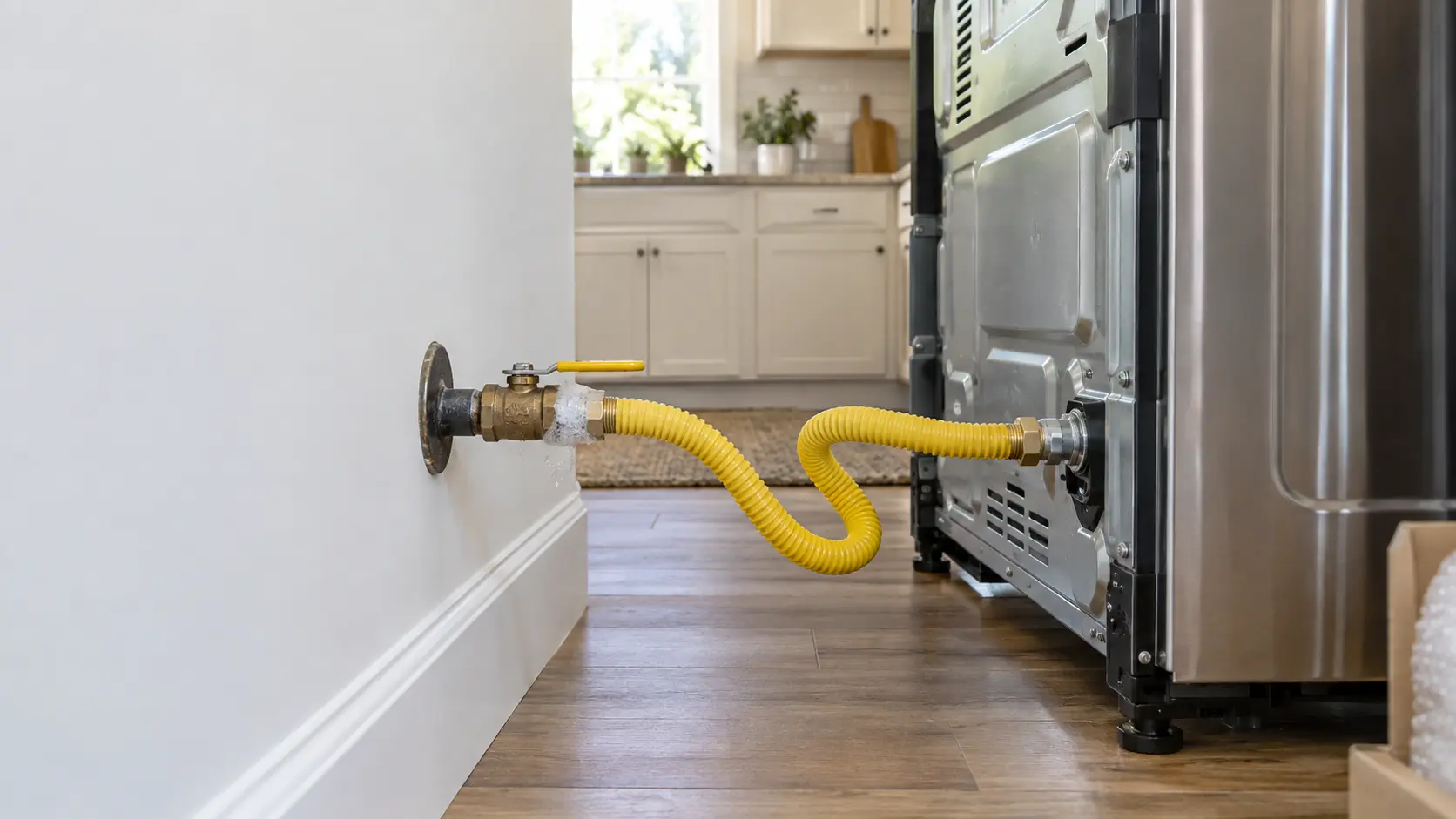 The back of a new freestanding gas range pulled a short way out from the kitchen wall in a US home, a technician's gloved hands, seen from the shoulder down, brushing bubble solution onto the yellow-coated gas connector where it joins the shutoff valve, the range's gas connector coiled loosely with no kinks, the manual valve handle parallel to the pipe, indoors, seasonless.
