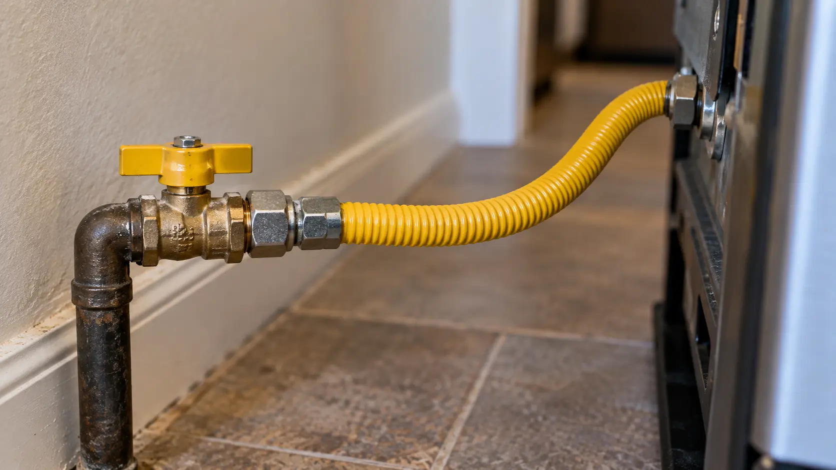 Close on a new yellow-coated gas connector at its shutoff valve.