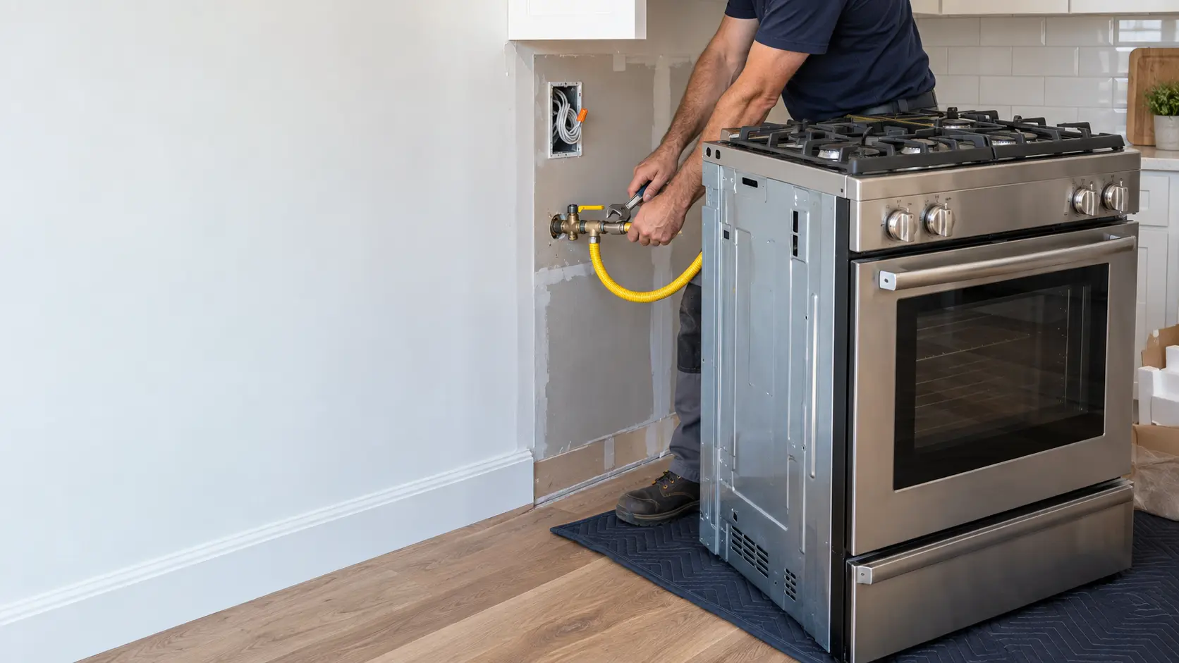 In a kitchen under remodel, a technician seen from the shoulders down tightens a new yellow-coated gas connector onto the shutoff valve behind a freestanding gas range, the gas range pulled forward from its opening on a protective mat, a coil of electrical cable capped in a box on the open wall, indoors.