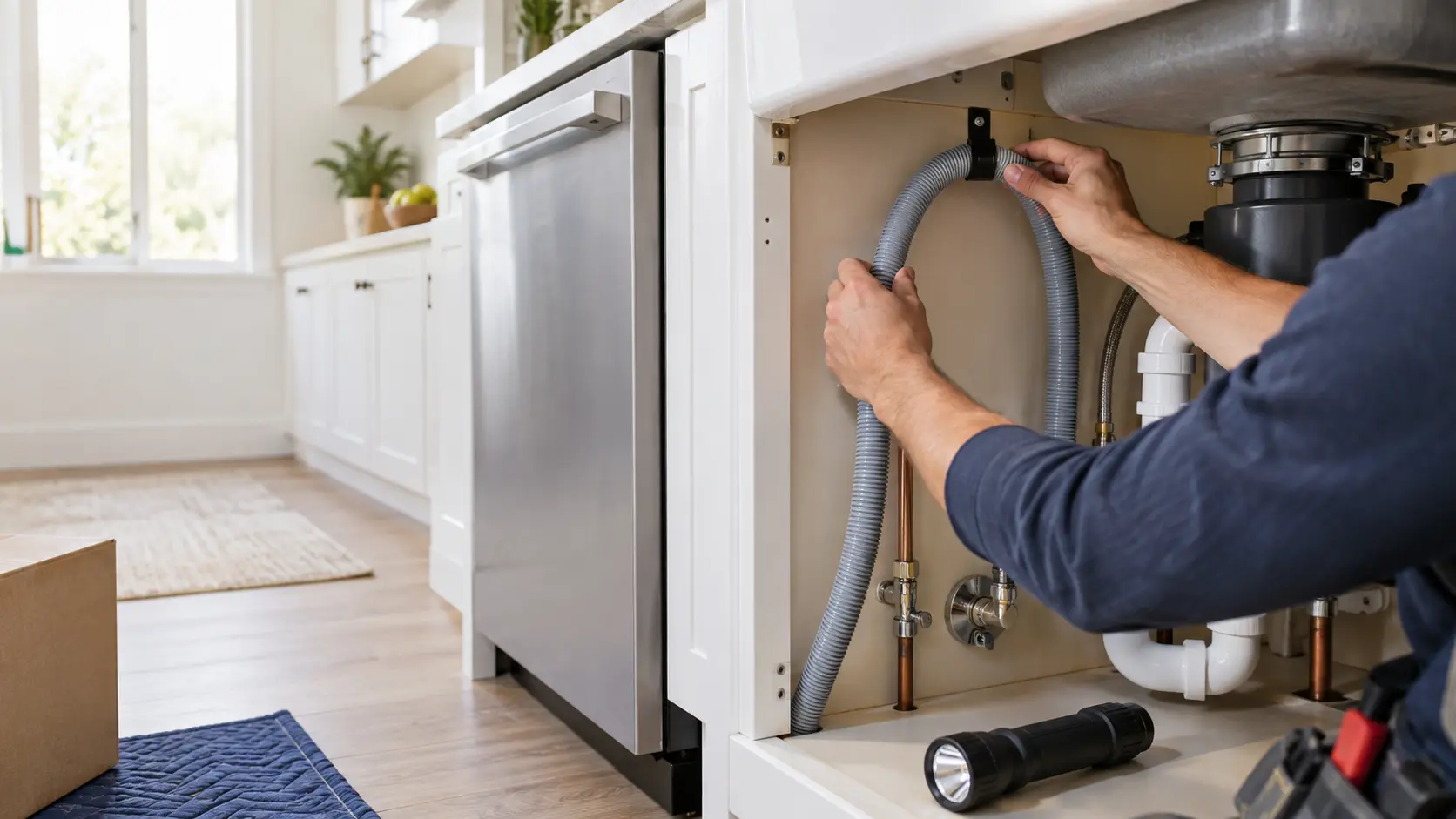Under a kitchen sink, a technician's hands seen from the shoulders down lift a new dishwasher drain hose into a high loop and clip the dishwasher hose to the underside of the counter, a flashlight on the cabinet floor, a cardboard box at the edge, indoors.