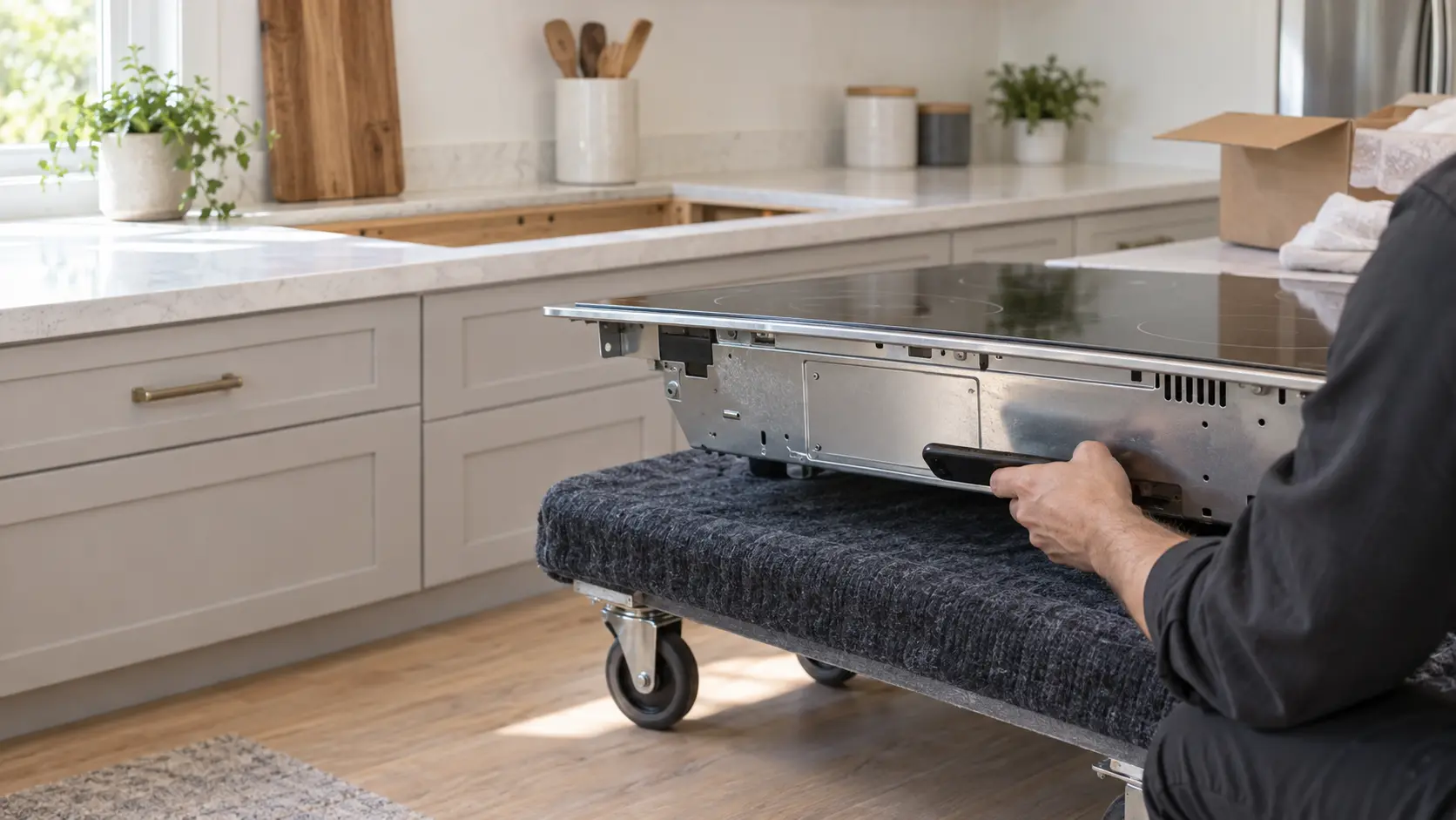 A new built-in cooktop resting on a padded dolly in a US home kitchen before it goes into the countertop, a technician's hand seen from the shoulder down holding a phone flat to photograph the rating plate on the underside of the cooktop, the empty countertop opening behind, an opened carton at the edge, indoors, seasonless.
