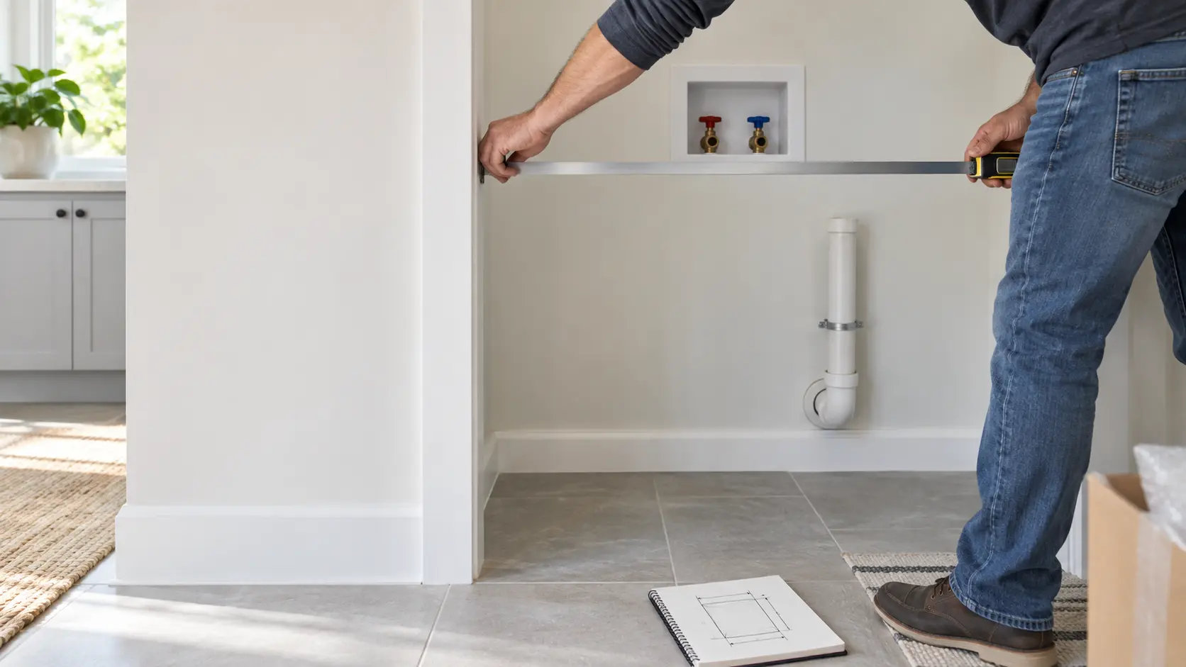 A homeowner's hands, seen from the shoulders down, stretch a steel tape measure across an empty laundry alcove where a front-load washer will stand, the washer hookup valves and drain standpipe visible on the back wall, a notepad sketch on the floor, indoors.