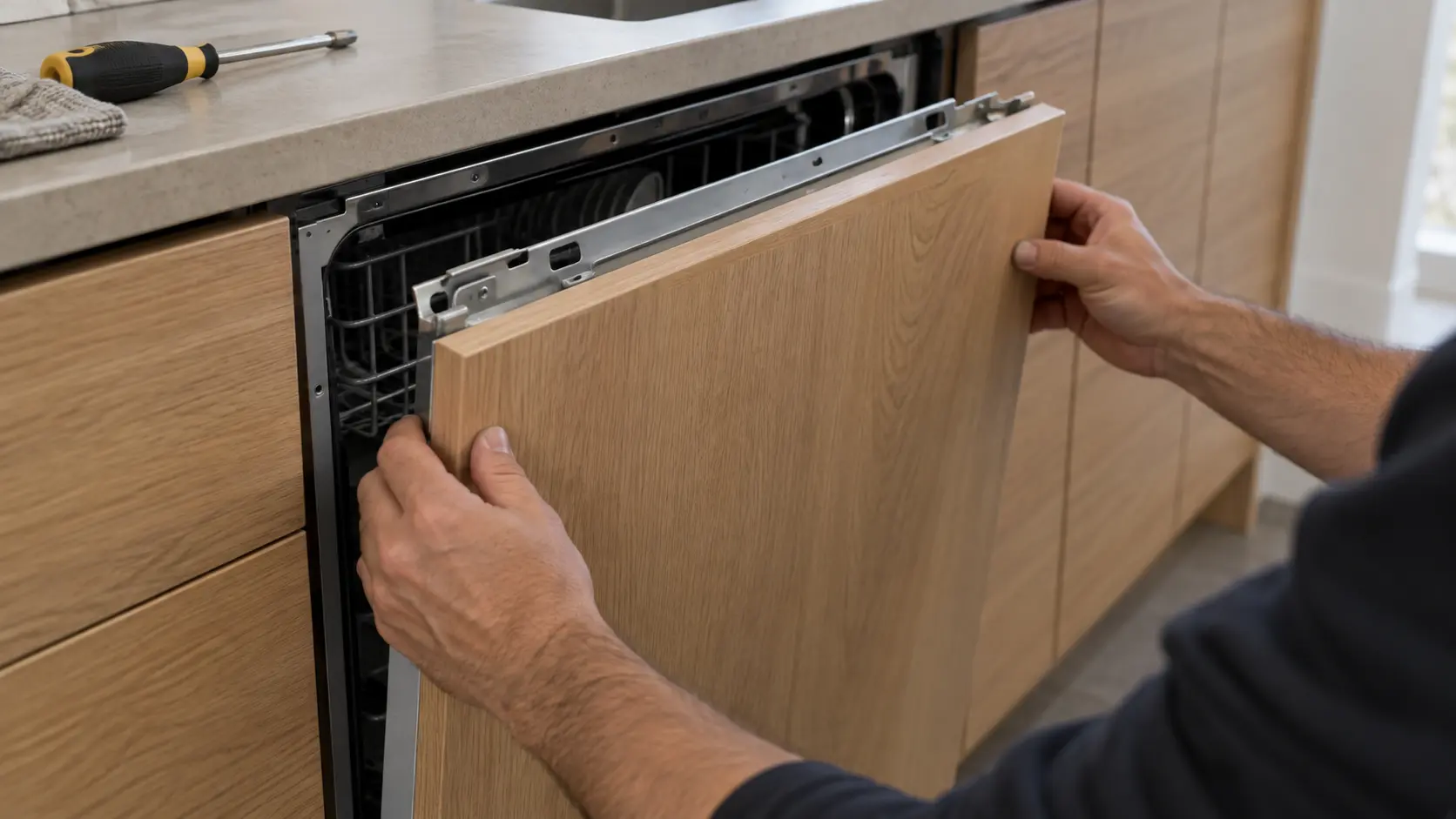 Close on a wooden cabinet panel being fitted to a dishwasher door.