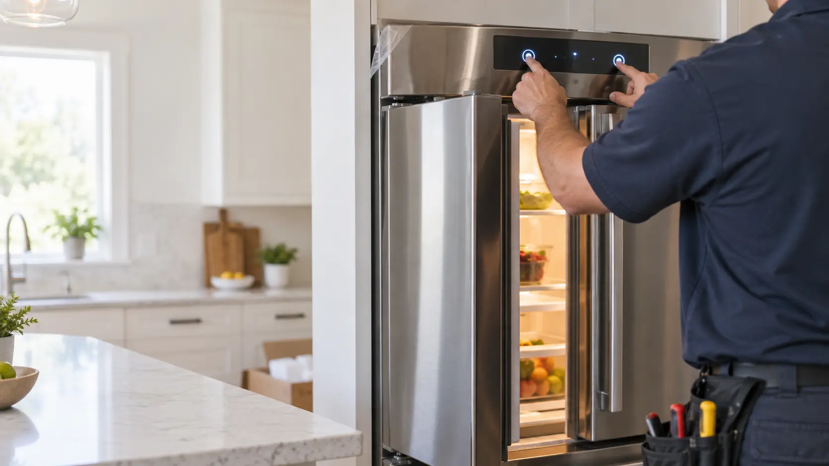 A technician seen from behind and shoulders down presses two buttons on the glowing control panel of a newly installed French door refrigerator, the French door refrigerator's doors slightly open with the light on, protective film curled at the edge of the frame, indoors.