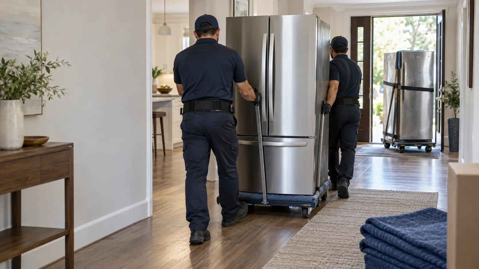 Two technicians seen from behind wheel a new stainless refrigerator on a padded dolly through a front hallway while the old refrigerator waits strapped to a second dolly by the door, moving blankets on the floor, a carton at the edge, indoors.