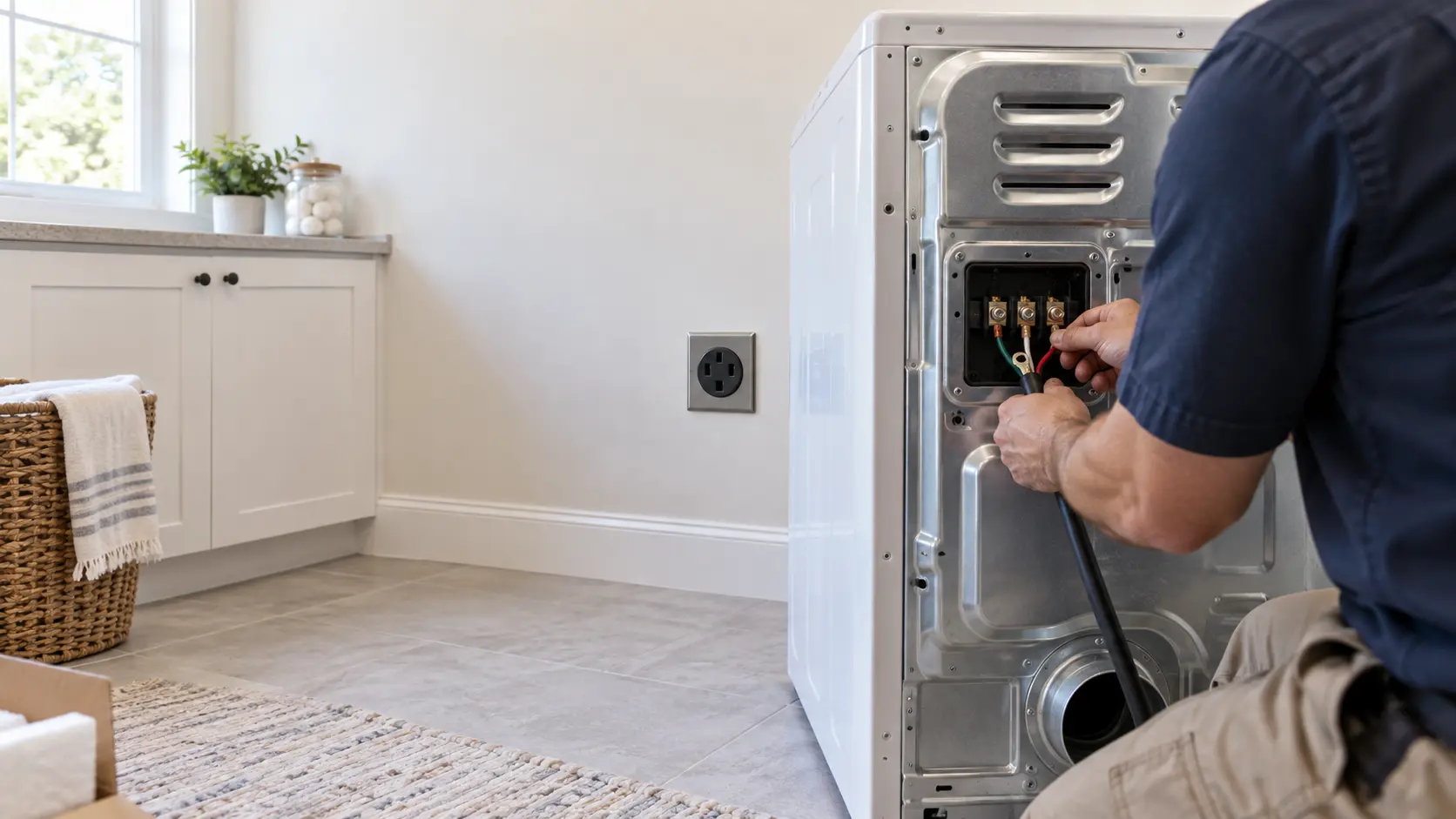A laundry room in a US home with a new electric dryer standing a foot out from the wall, a technician's hands, seen from the shoulders down, fitting a new four-prong power cord into the terminal block behind the dryer's rear access plate, the matching four-slot wall receptacle beside the dryer, the breaker off, indoors, seasonless.