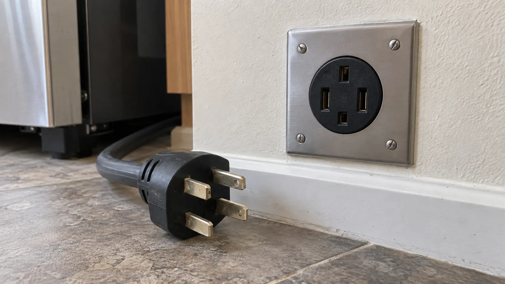 Close on a four-prong range cord beside a matching wall outlet, unplugged.