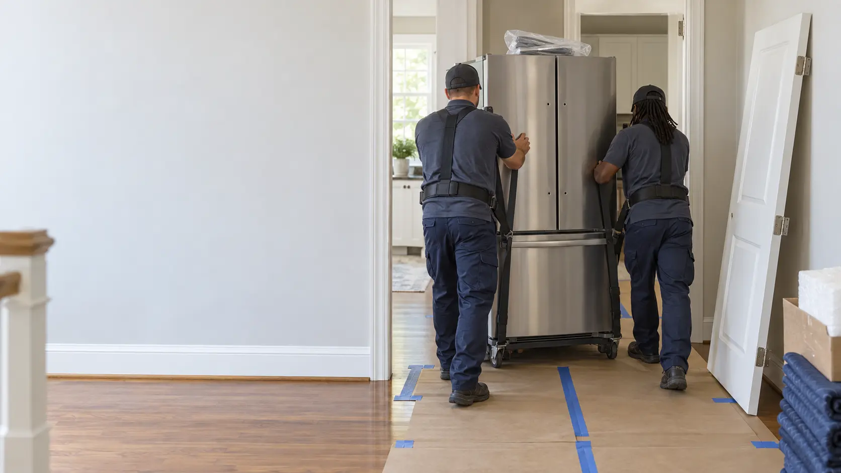 The front hallway of a US home with hardboard sheets taped across a finished wood floor, two technicians seen from behind guiding a new French door refrigerator strapped to an appliance dolly through an interior doorway whose door has been lifted off its hinges and leaned against the wall, the refrigerator's handles removed and bagged on top, indoors, seasonless.