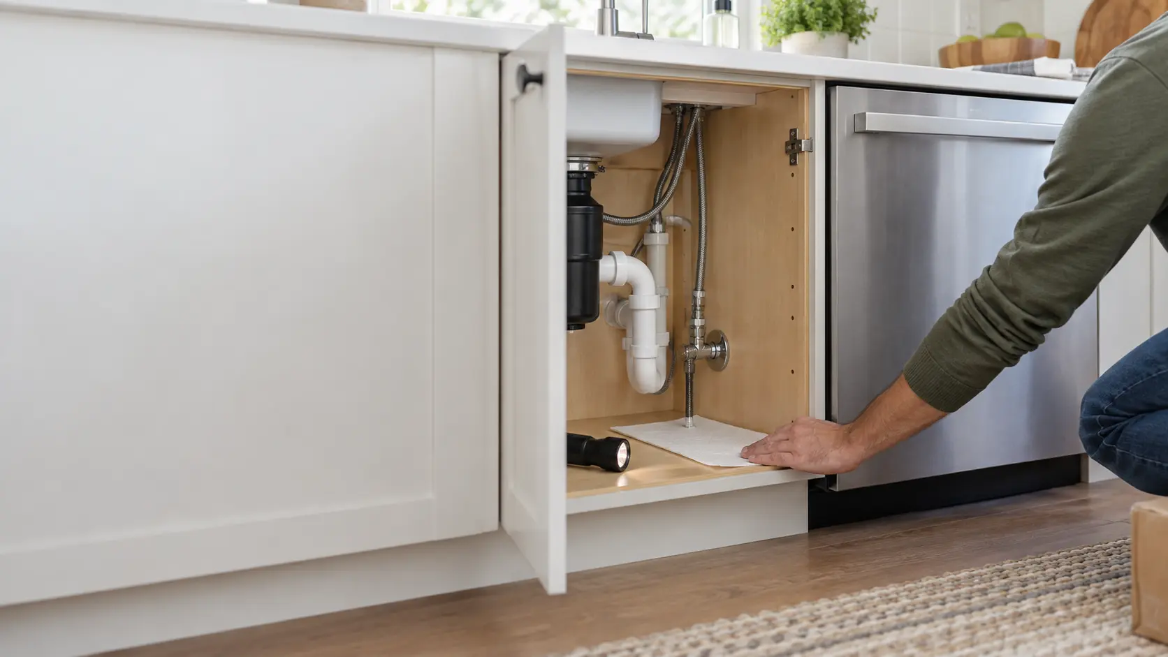 A homeowner's hand, seen from the shoulders down, lays a sheet of paper towel on the cabinet floor under the dishwasher supply valve beneath a kitchen sink, the new dishwasher's door closed beside the cabinet, a small flashlight on the floor, indoors.