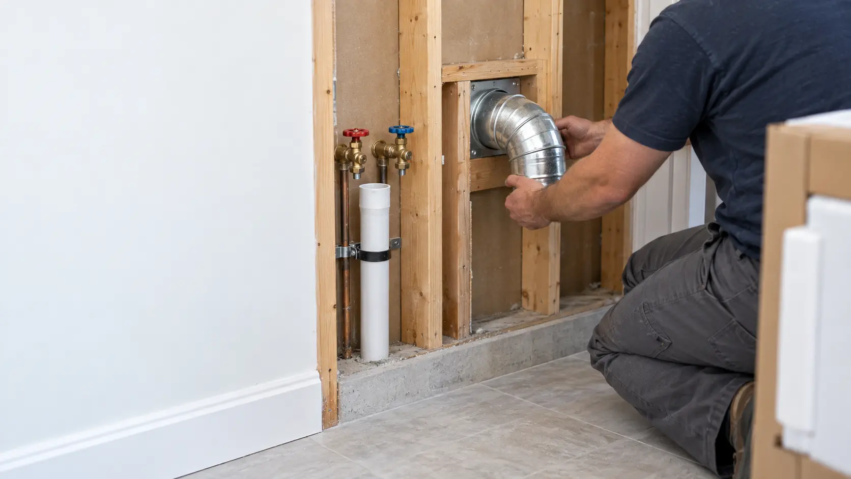 A laundry room in a US home during a remodel with open wall studs, a technician's hands, seen from the shoulders down, fitting a rigid metal exhaust duct elbow onto a round opening through the exterior wall behind where the new dryer will stand, a laundry standpipe and two supply valves set in the open wall beside the dryer exhaust opening, a boxed dryer at the edge of the frame, indoors, seasonless.