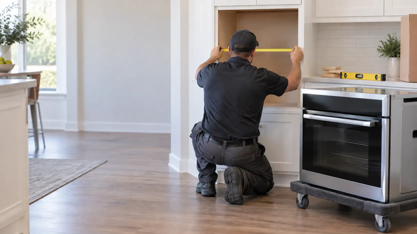 A technician seen from behind holds a tape measure across the empty cabinet opening for a built-in oven, the built-in oven itself waiting on a padded dolly beside the cabinet, shims and a spirit level on the counter, a carton at the edge, indoors.
